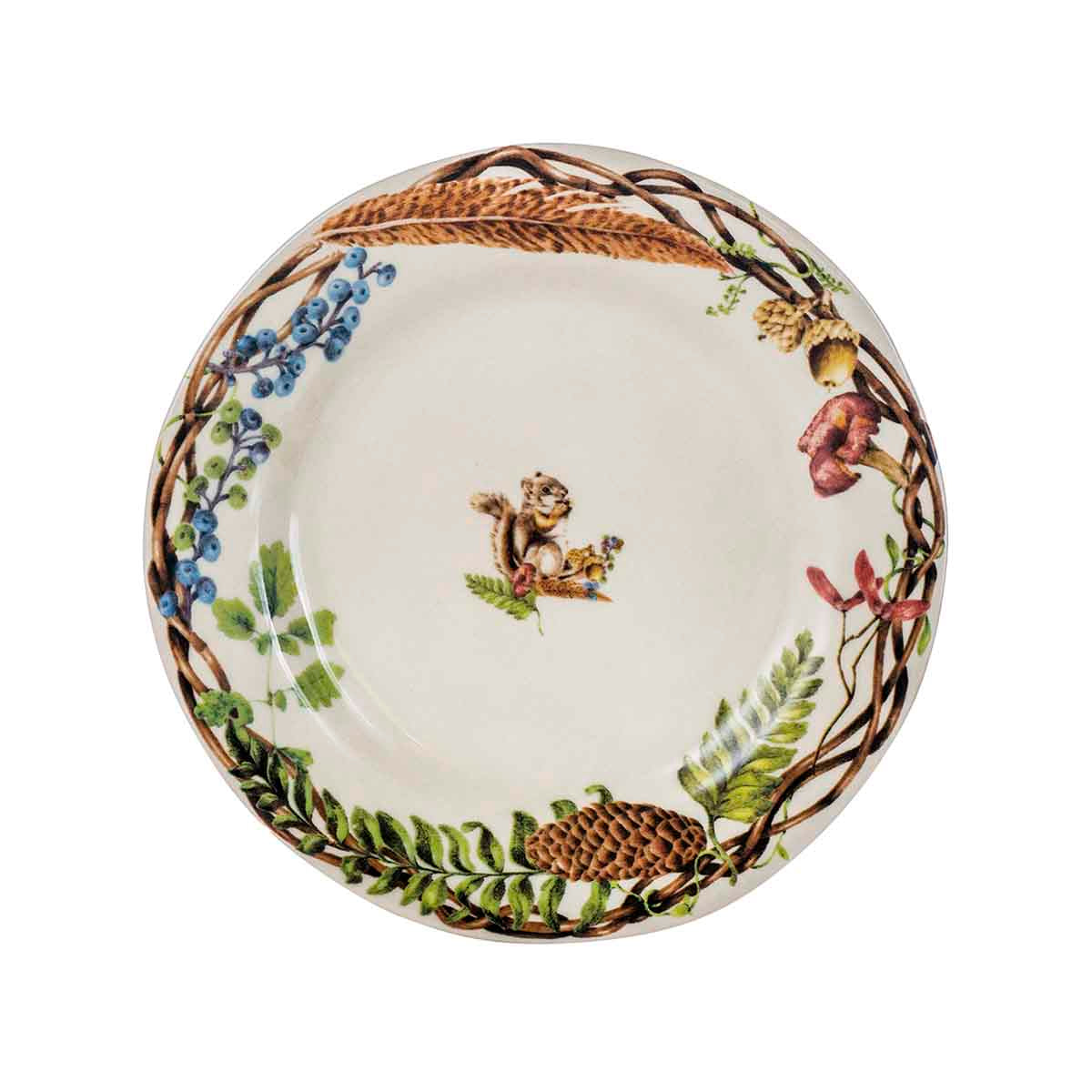 Juliska Forest Walk salad plate with a squirrel at the center inside a twig, berry and feather border
