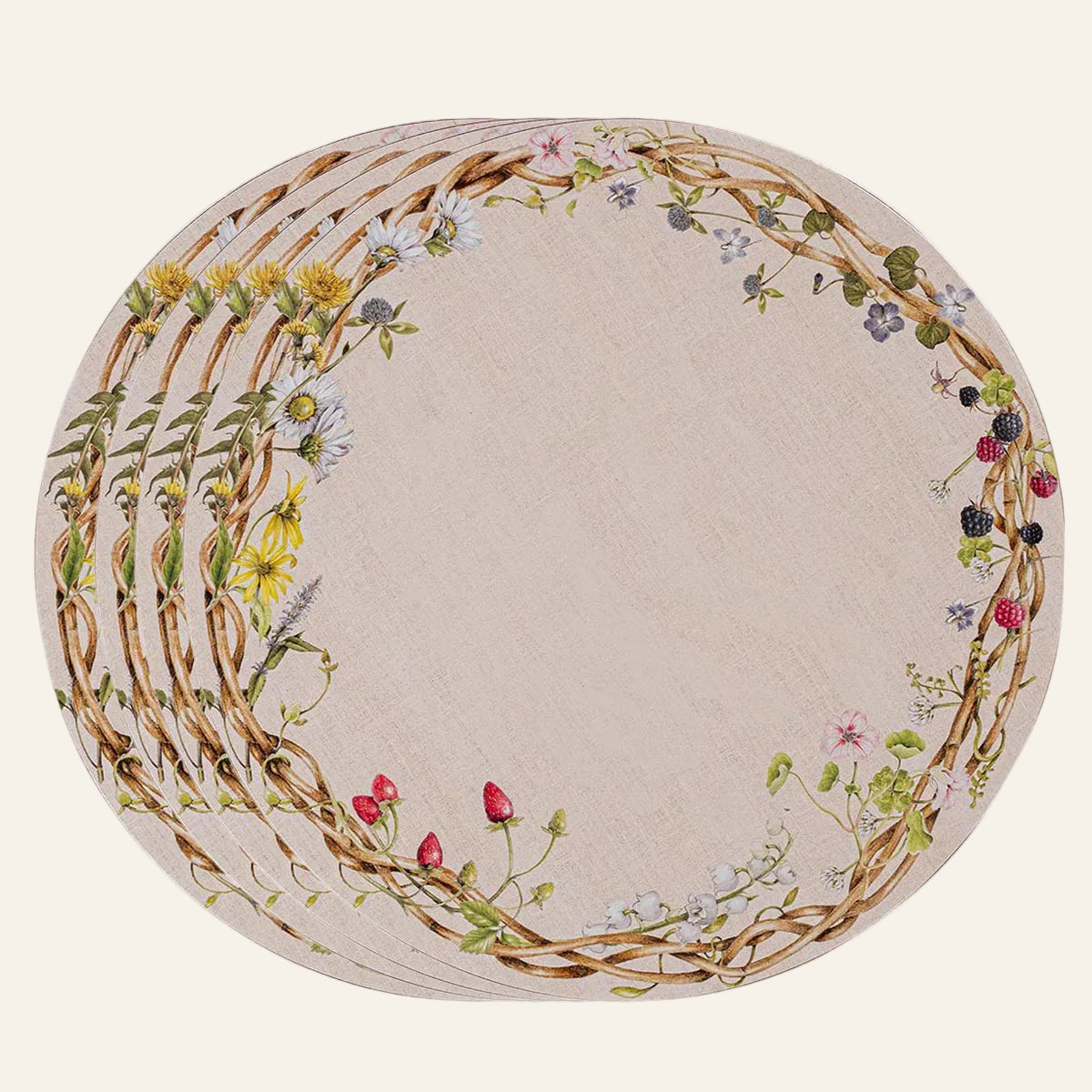 Juliska Meadow Walk round linen placemats with floral and berry vine border, set of four.