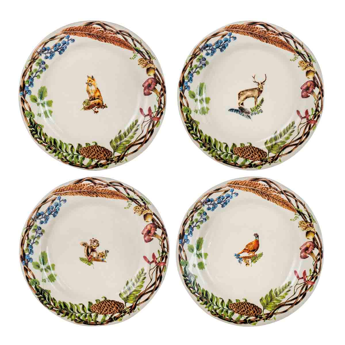 Juliska Forest Walk set of four salad plates, each with a different woodland animal inside a twig and feather border