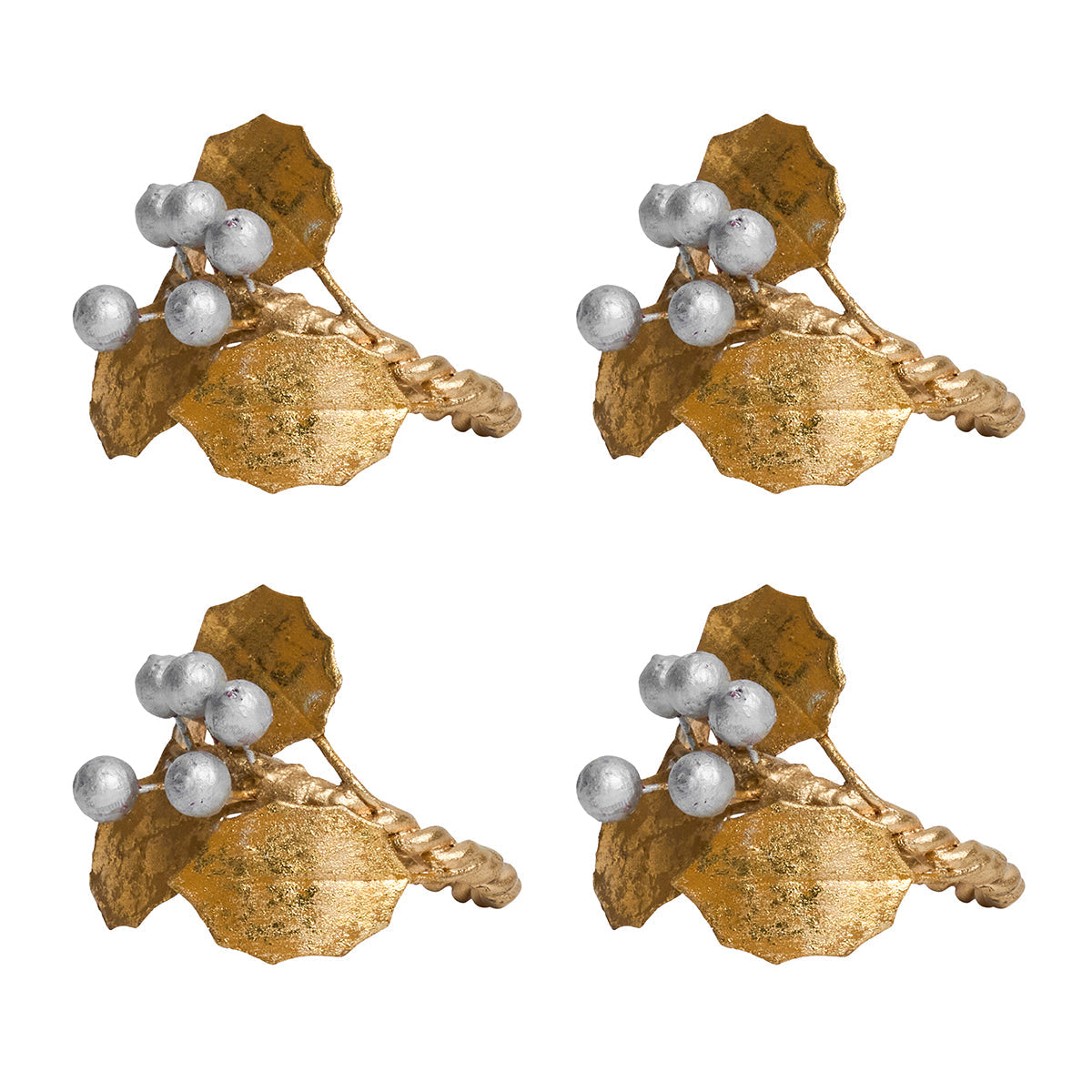 Juliska Forest Walk set of four gold holly napkin rings with silver berries