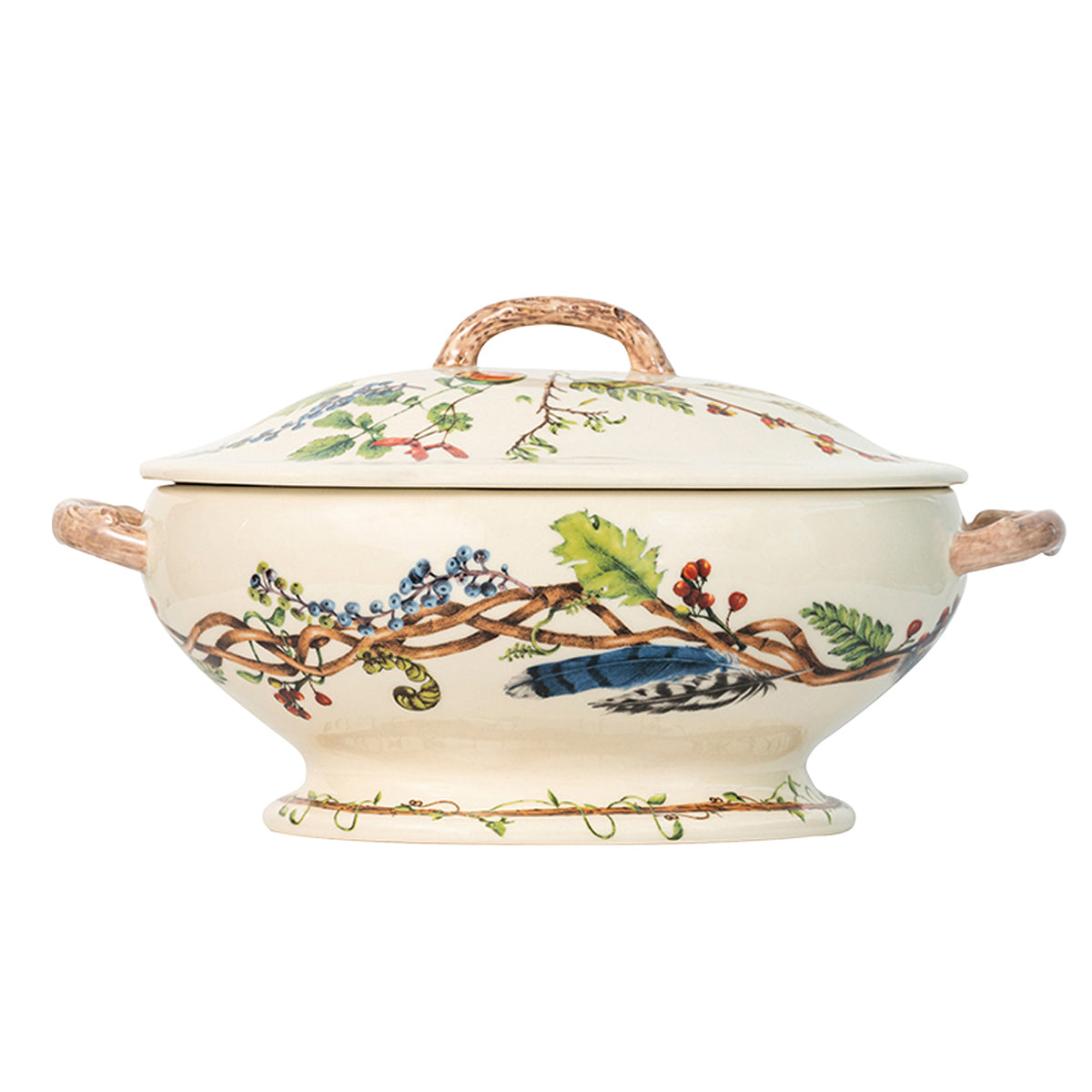 Juliska Forest Walk lidded tureen with twig handles and a painted band of leaves, berries and feathers