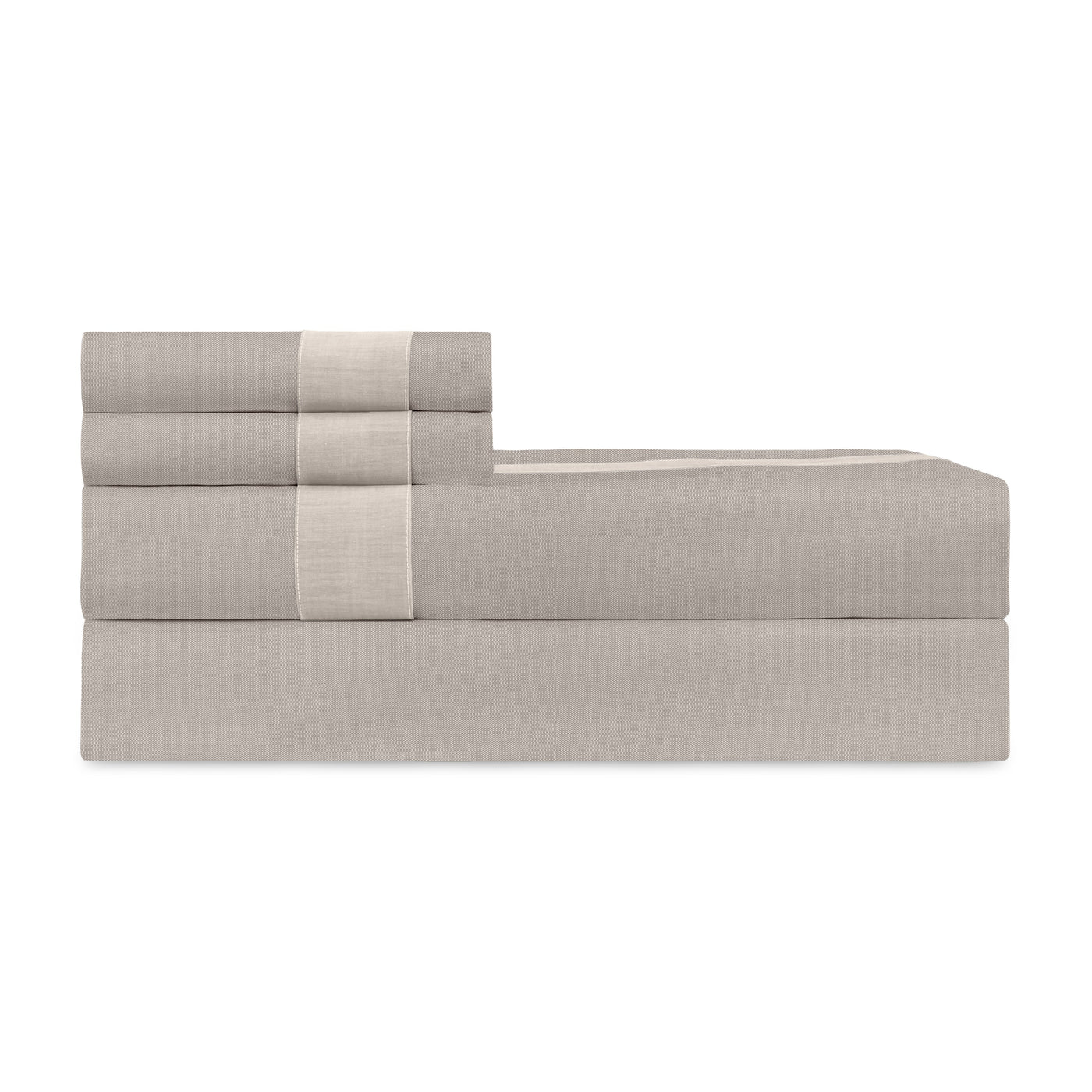 Folded taupe linen fitted sheet with ivory contrast border detail.