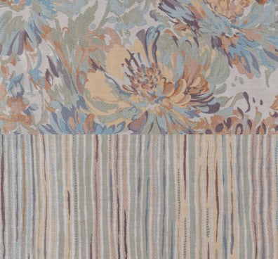 Close-up of Giverny duvet cover showing floral and vertical stripe woven panels in sage and champagne.