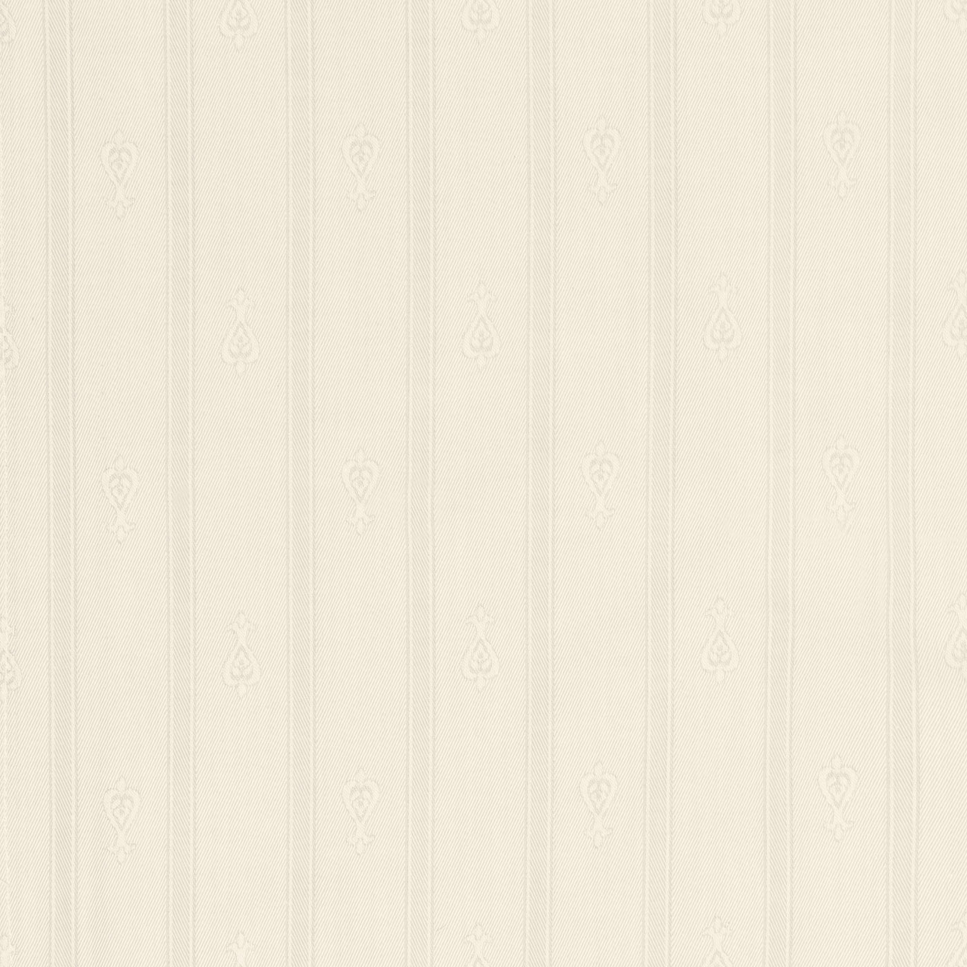 Close-up of ivory woven fabric with tonal stripe and delicate sprig motif repeat.