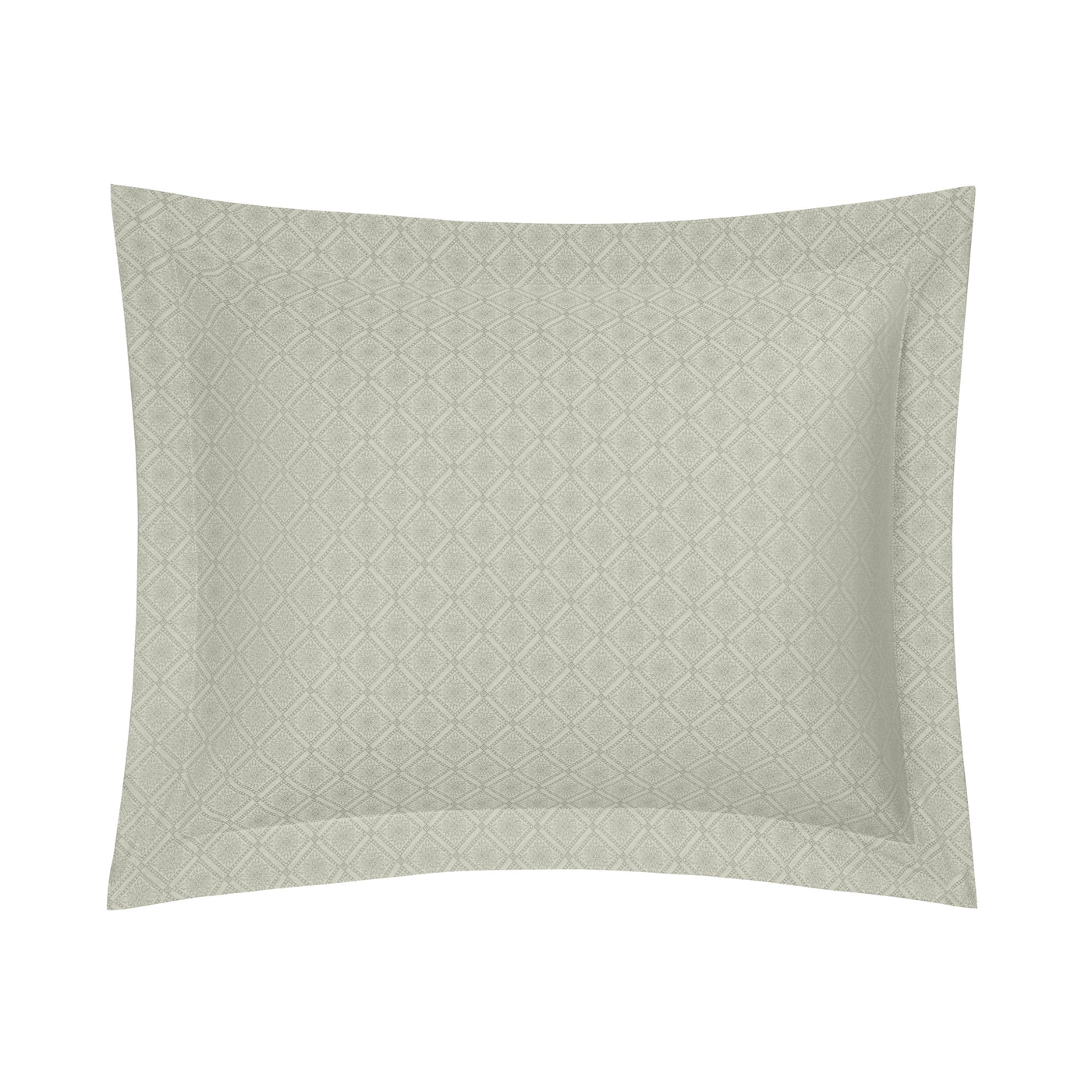 Helena sage green quilted pillow sham with diamond pattern and flanged border.