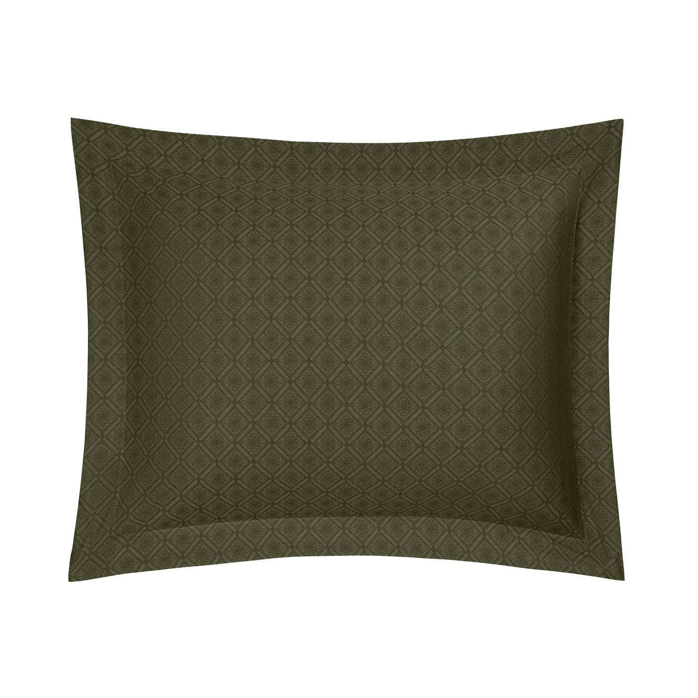Helena olive quilted sham with diamond stitching pattern and flanged border.