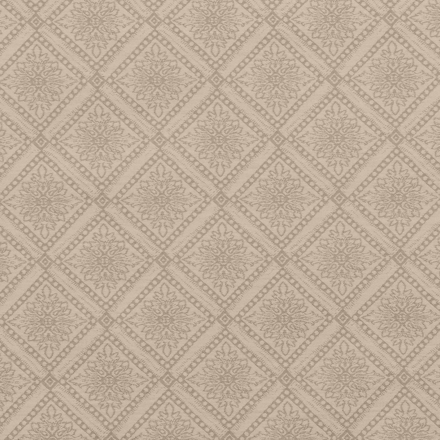 Close-up of Home Treasures Helena fabric in taupe with woven diamond medallion pattern.