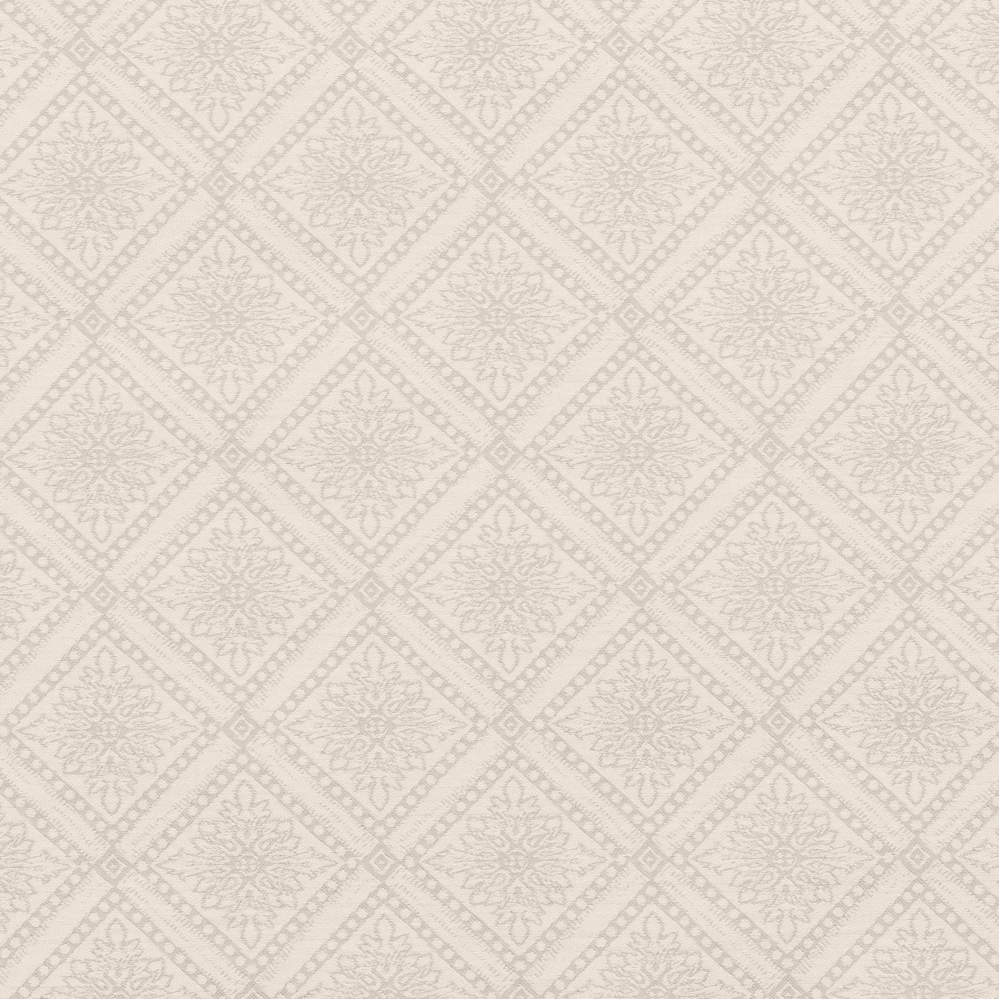 Close-up of Home Treasures Helena ivory fabric with tonal diamond medallion jacquard pattern.