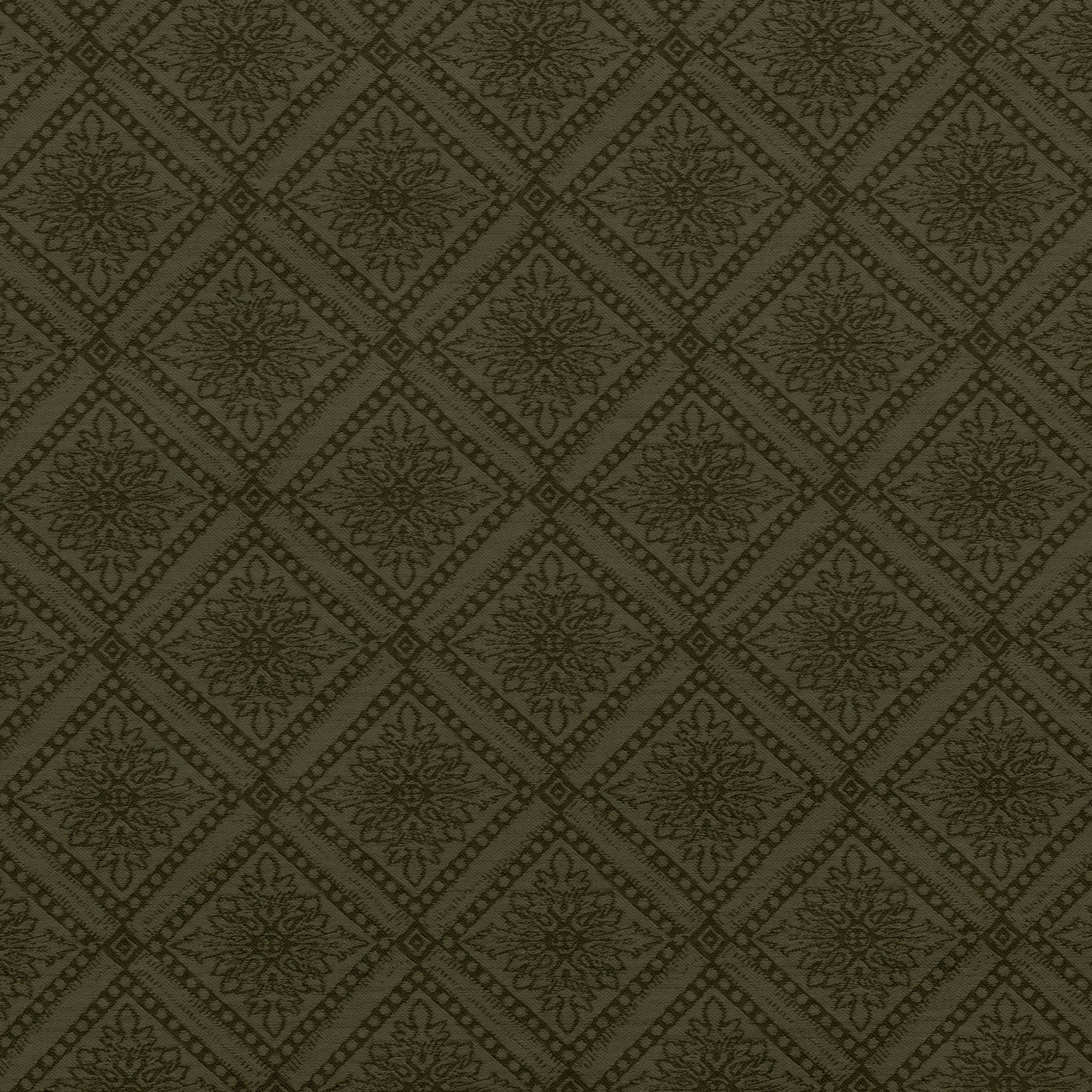 Close-up of Home Treasures Helena fabric in olive, tone-on-tone diamond medallion jacquard weave.