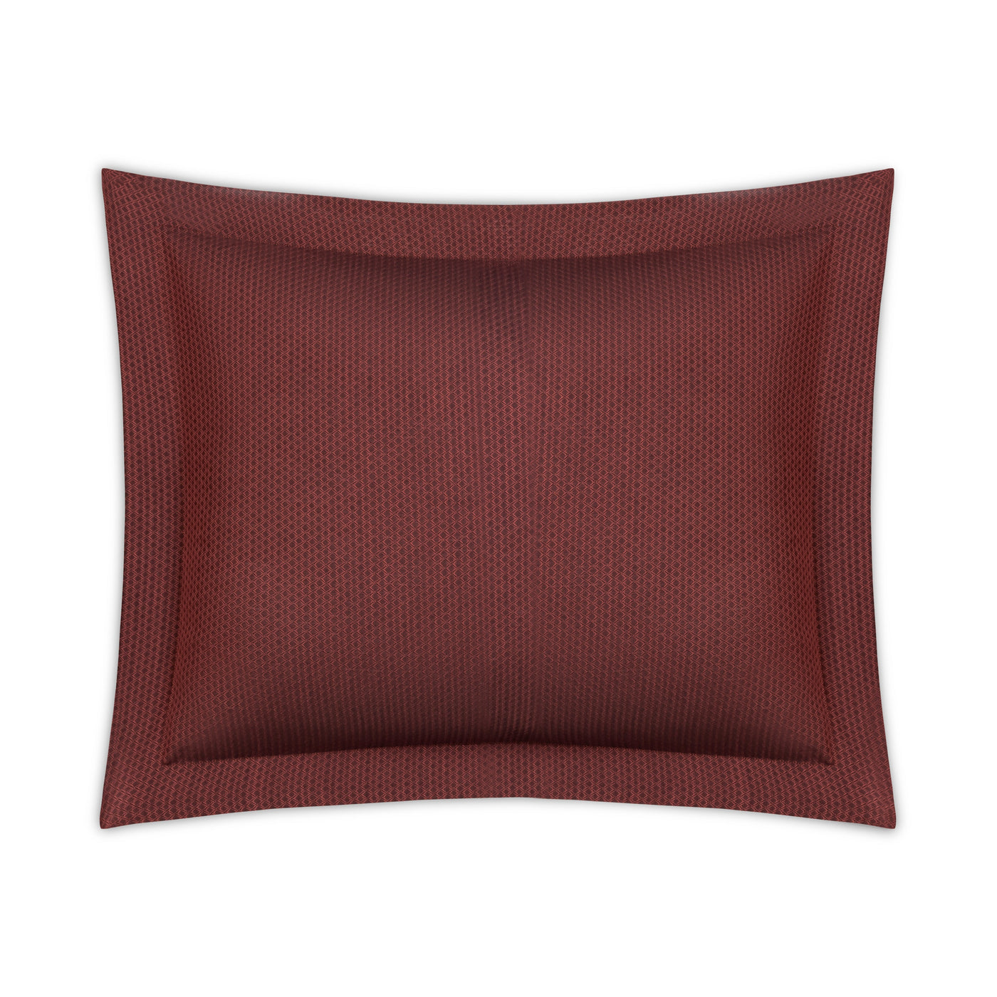 Close-up of crimson Heritage boudoir sham with textured weave and tailored flange border.