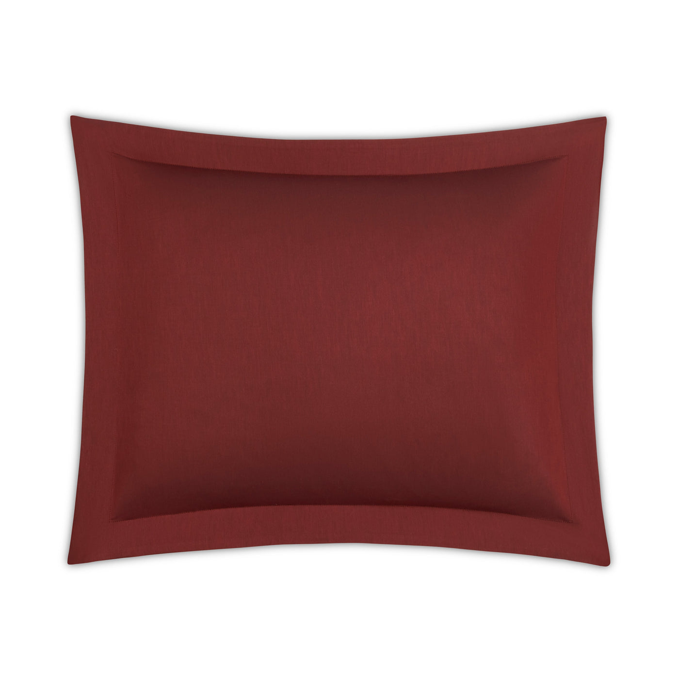 Crimson heritage-stitched pillow sham with tailored flange border, flat lay view.