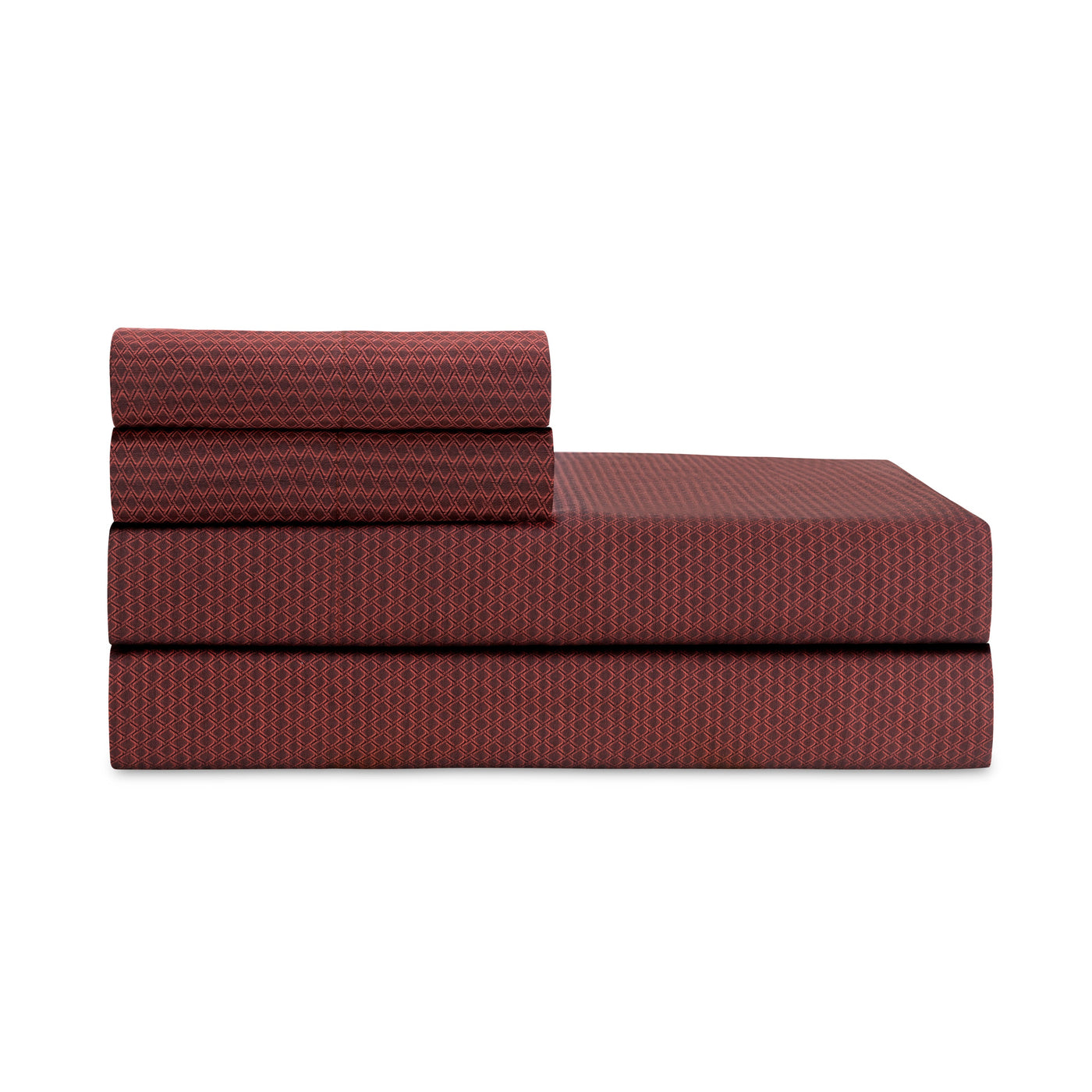Home Treasures Heritage sheet set folded in deep burgundy with tonal diamond jacquard pattern.