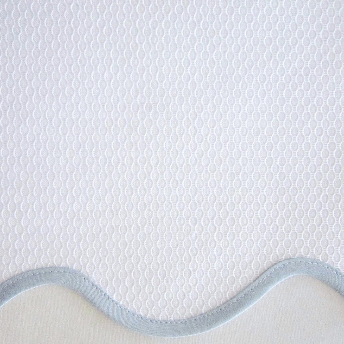 Close-up of white honeycomb-textured fabric with a scalloped mist blue border edge.