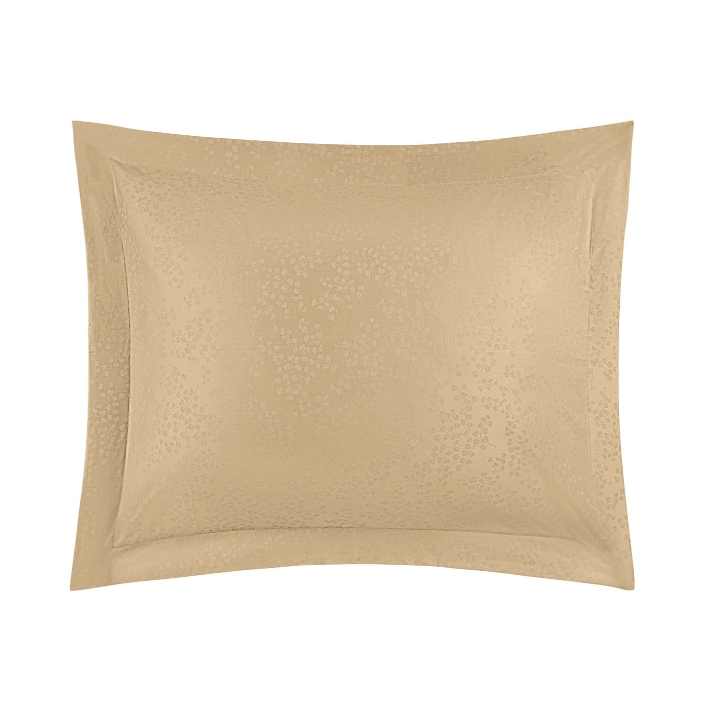 Champagne cotton pillow sham with tonal jacquard leaf pattern and flanged border.