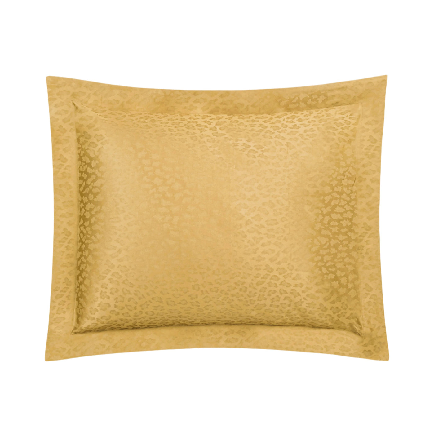 Close-up of Home Treasures Jaguar sham in gold with tonal leopard jacquard and flange border.