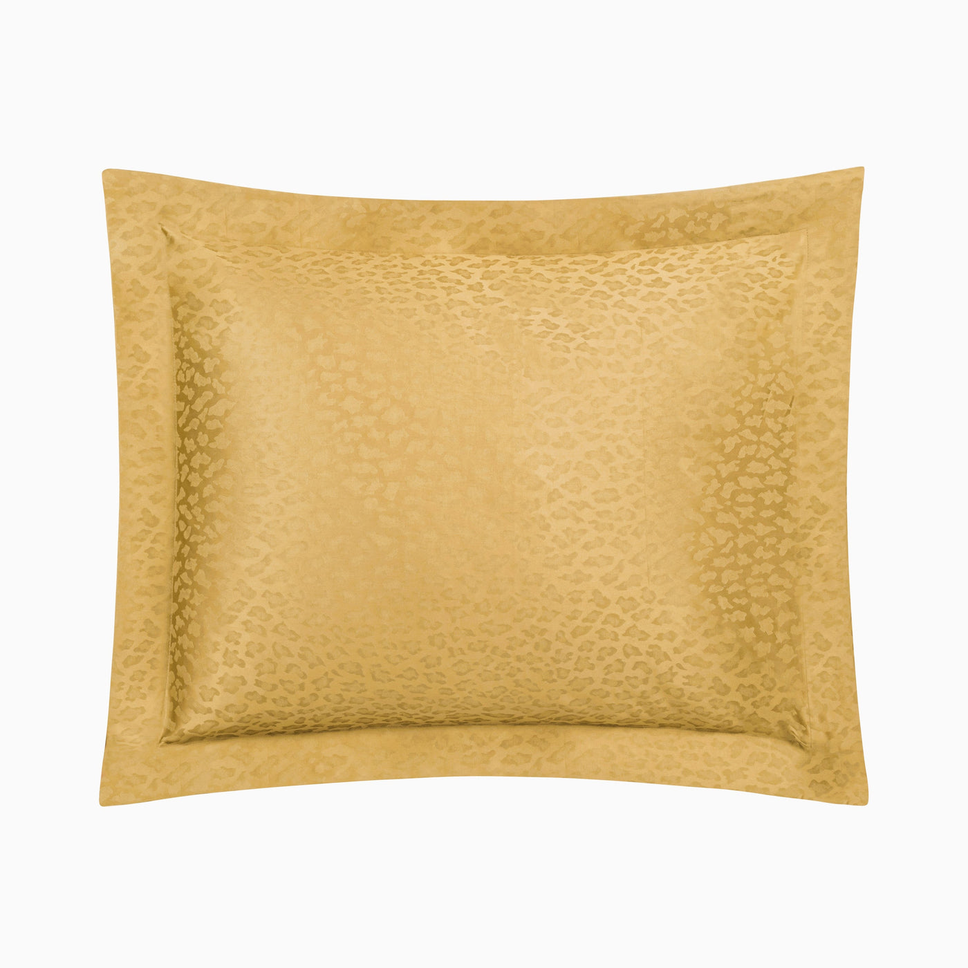 Gold jacquard pillow sham with tonal leopard pattern and classic flange border.
