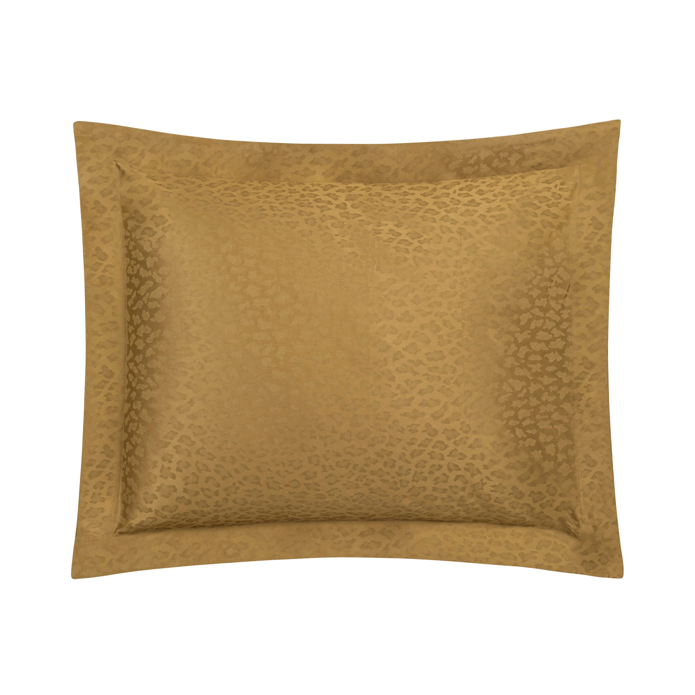 Close-up of Home Treasures Jaguar sham in gold with tone-on-tone leopard jacquard pattern.