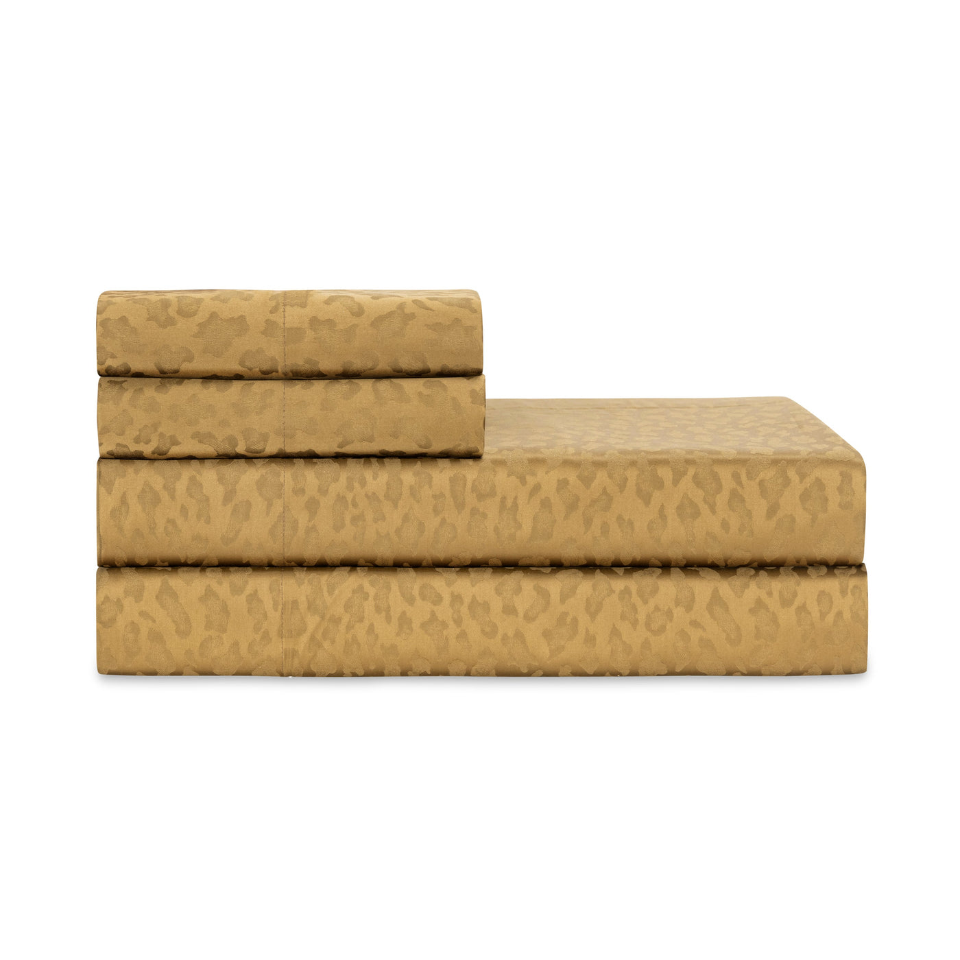 Folded saffron jacquard sheet set with tonal leopard-print pattern, stacked neatly.