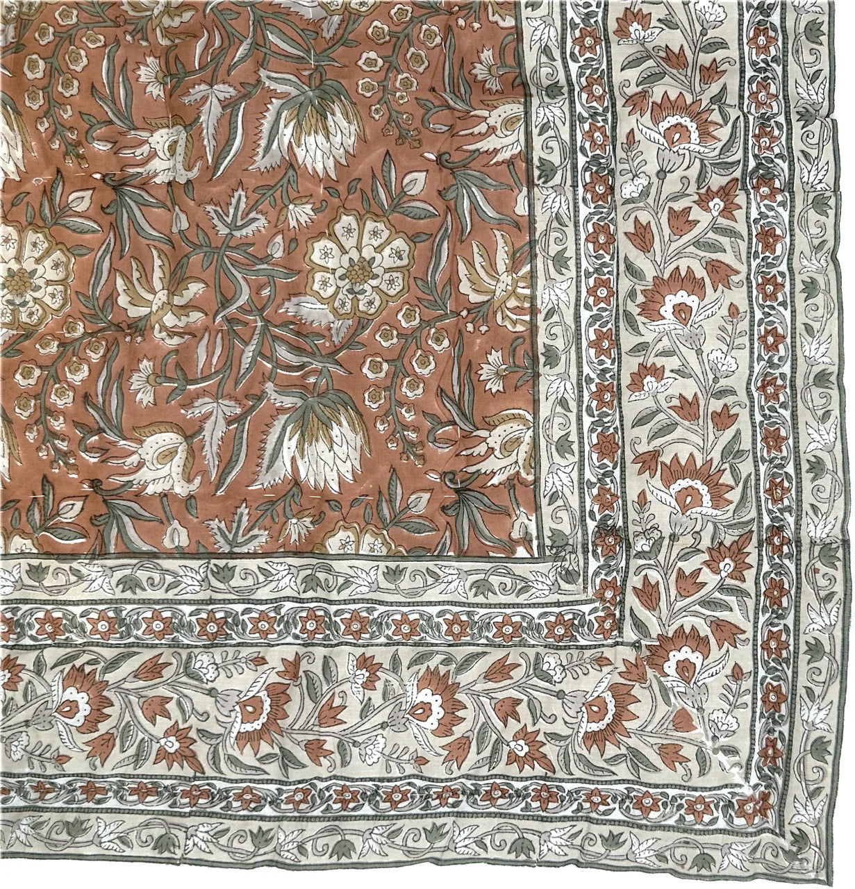 Close-up of Henry Handwork Kyoto block-print cotton in terracotta with ivory and sage floral border.