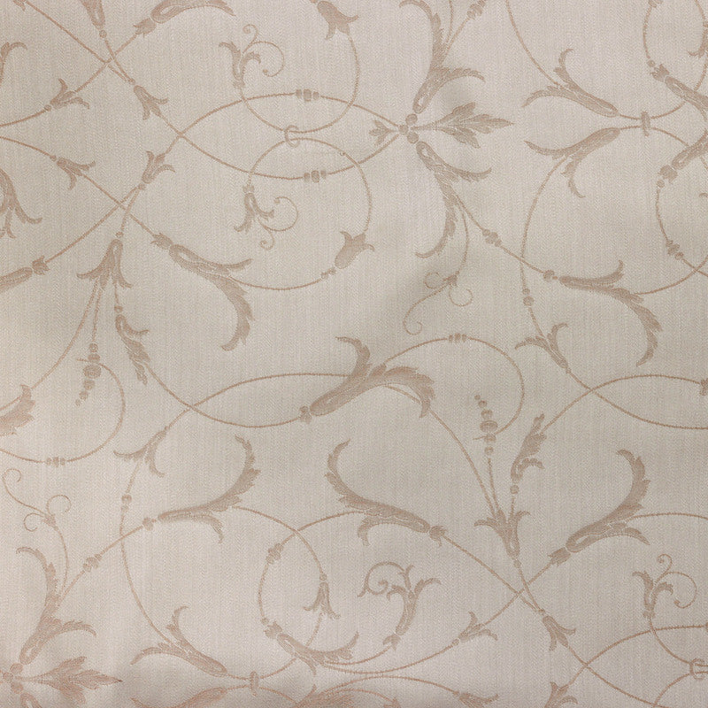 Close-up of Legna Seville bedskirt fabric, ivory with tone-on-tone scrolling vine jacquard weave.