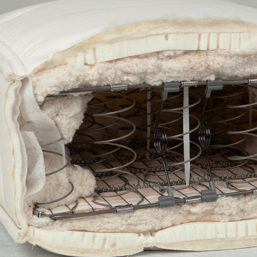 Cutaway of the Allora mattress showing steel coils inside layers of natural cotton