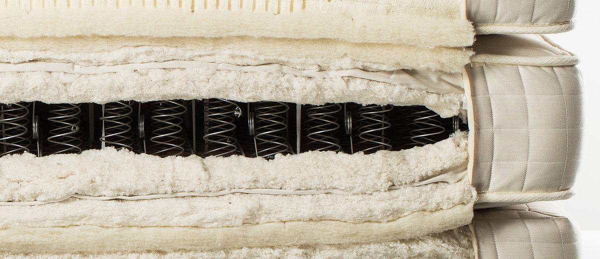 Cutaway of a double-sided LETTO mattress showing coils between thick layers of natural cotton