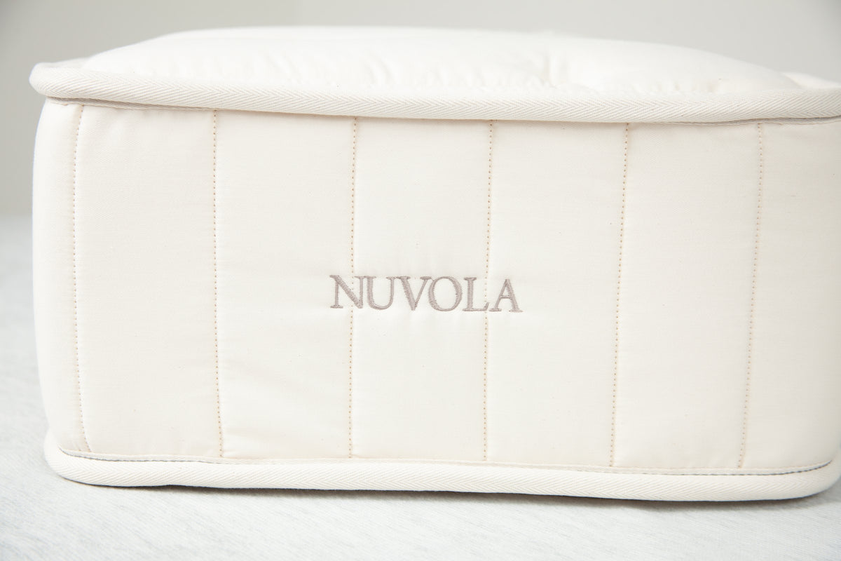 LETTO Nuvola mattress in ivory cotton sateen, front view with NUVOLA embroidered on the side