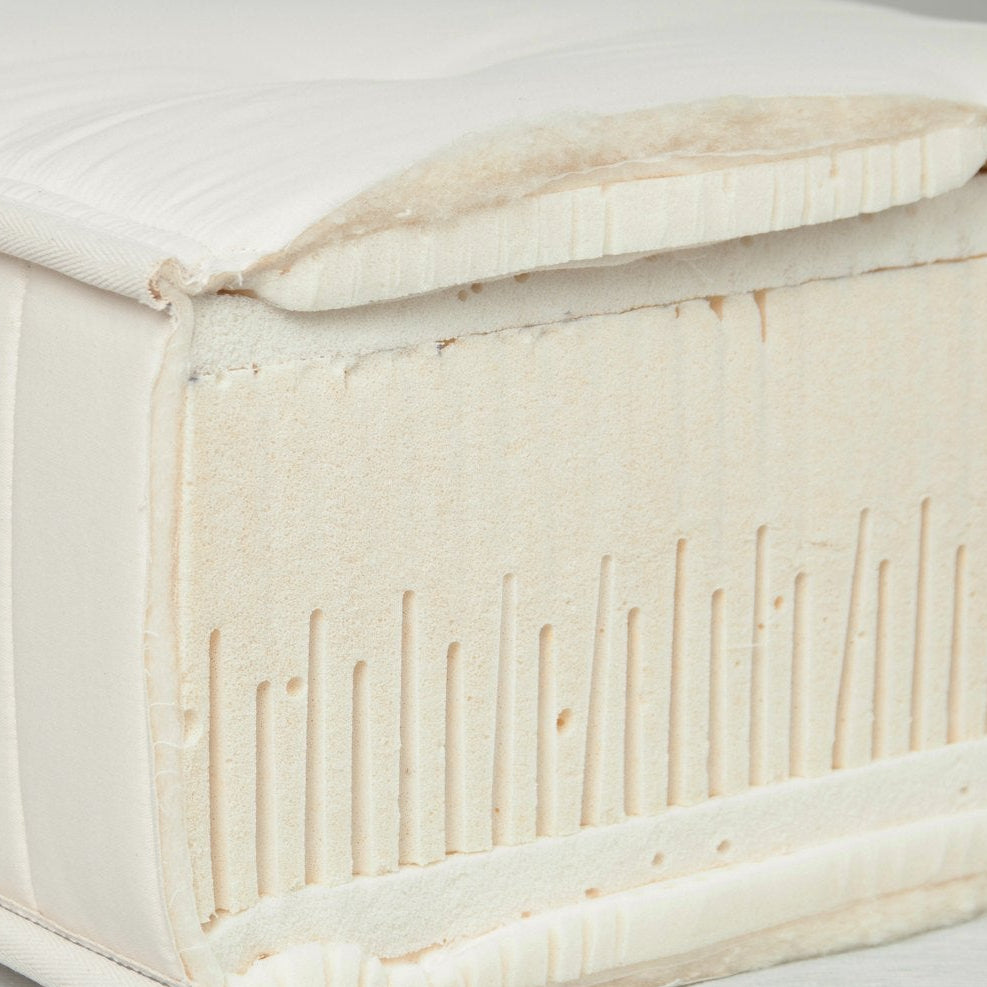 Cutaway of the Nuvola mattress showing the natural latex core under wool and cotton quilting