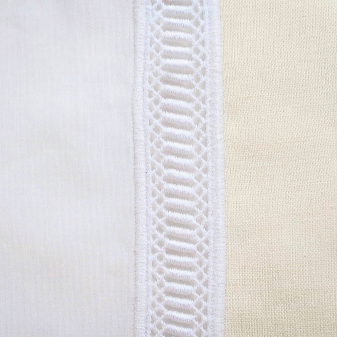 Close-up of white crochet lace trim detailing on ivory linen shower curtain.
