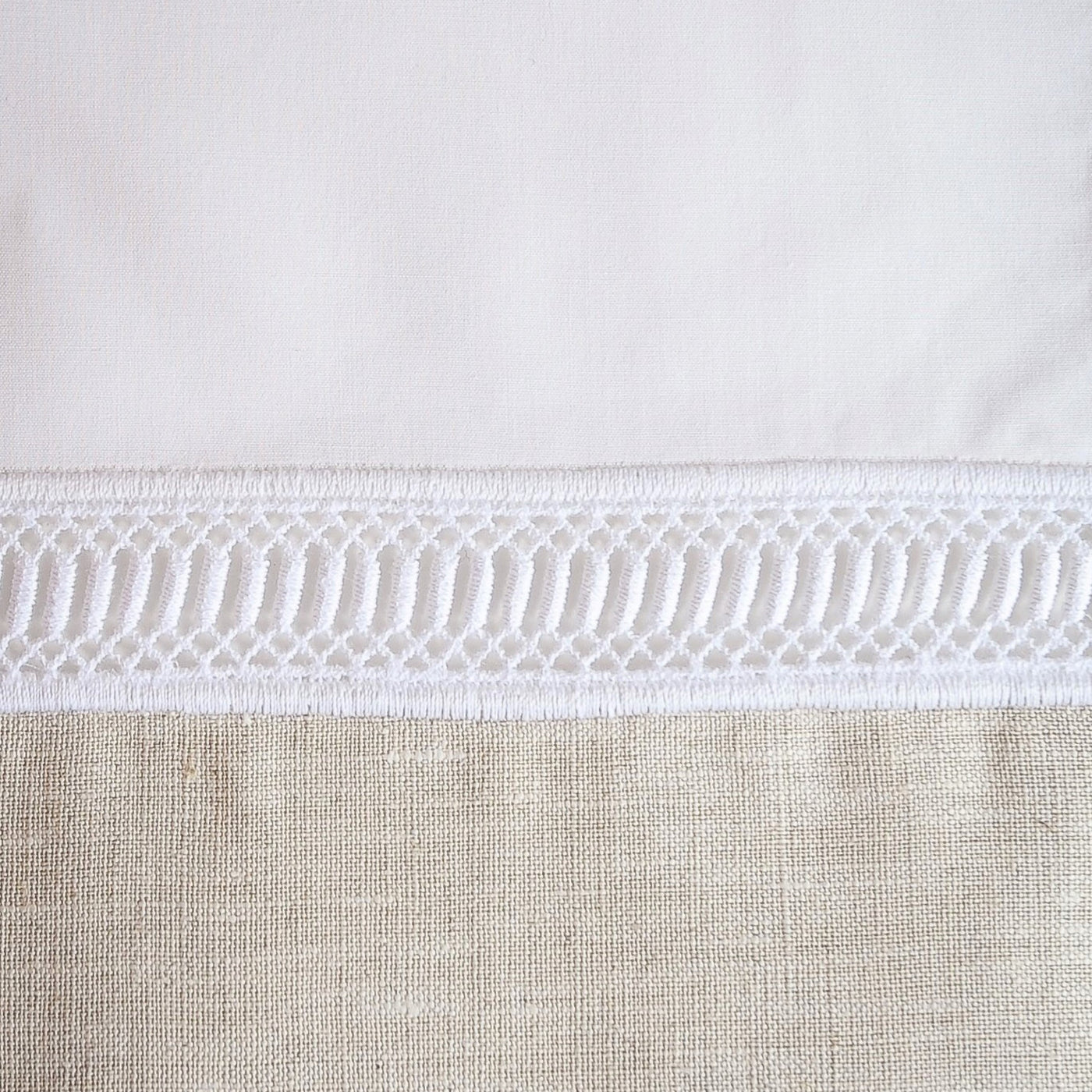 Close-up of white cotton border with geometric ladder lace trim above natural linen panel.