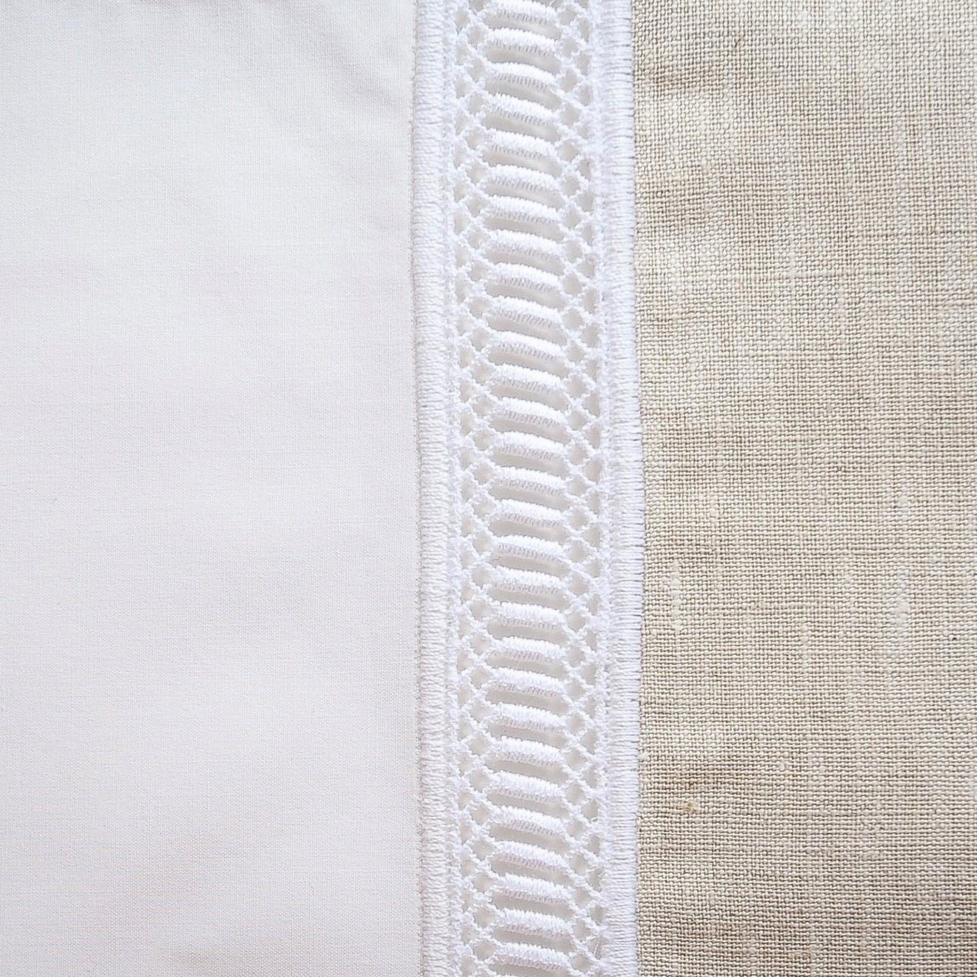 Close-up of white embroidered ladder lace trim where cotton and natural linen panels meet.