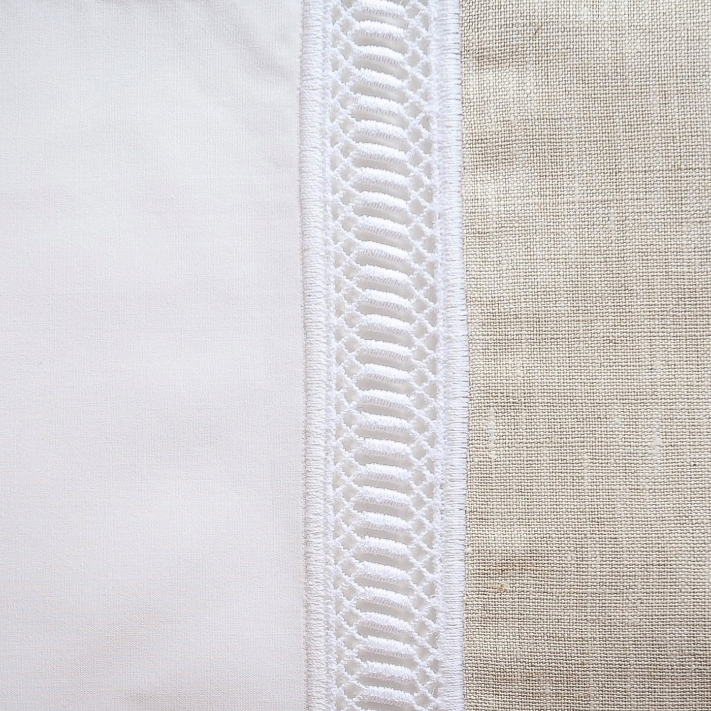 Close-up of white embroidered ladder lace trim between cotton and natural linen panels.