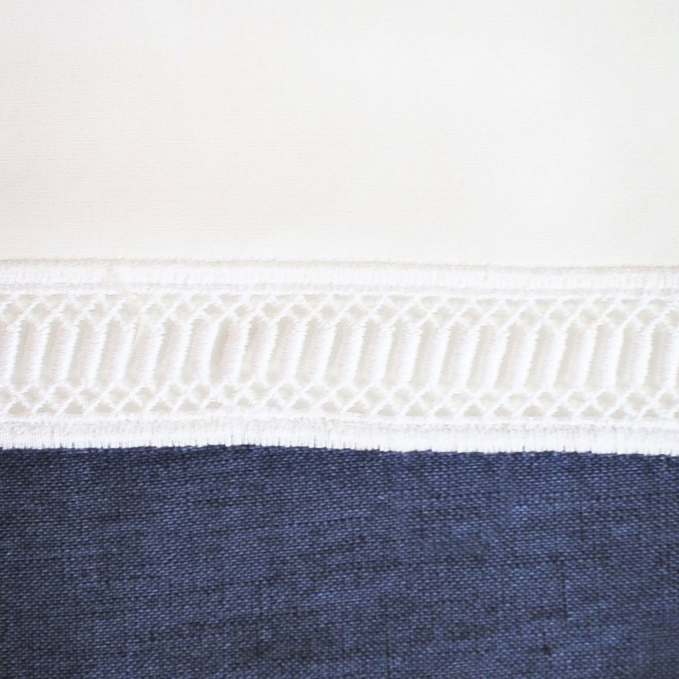 Close-up of ivory crochet lace trim bordering navy linen fabric.