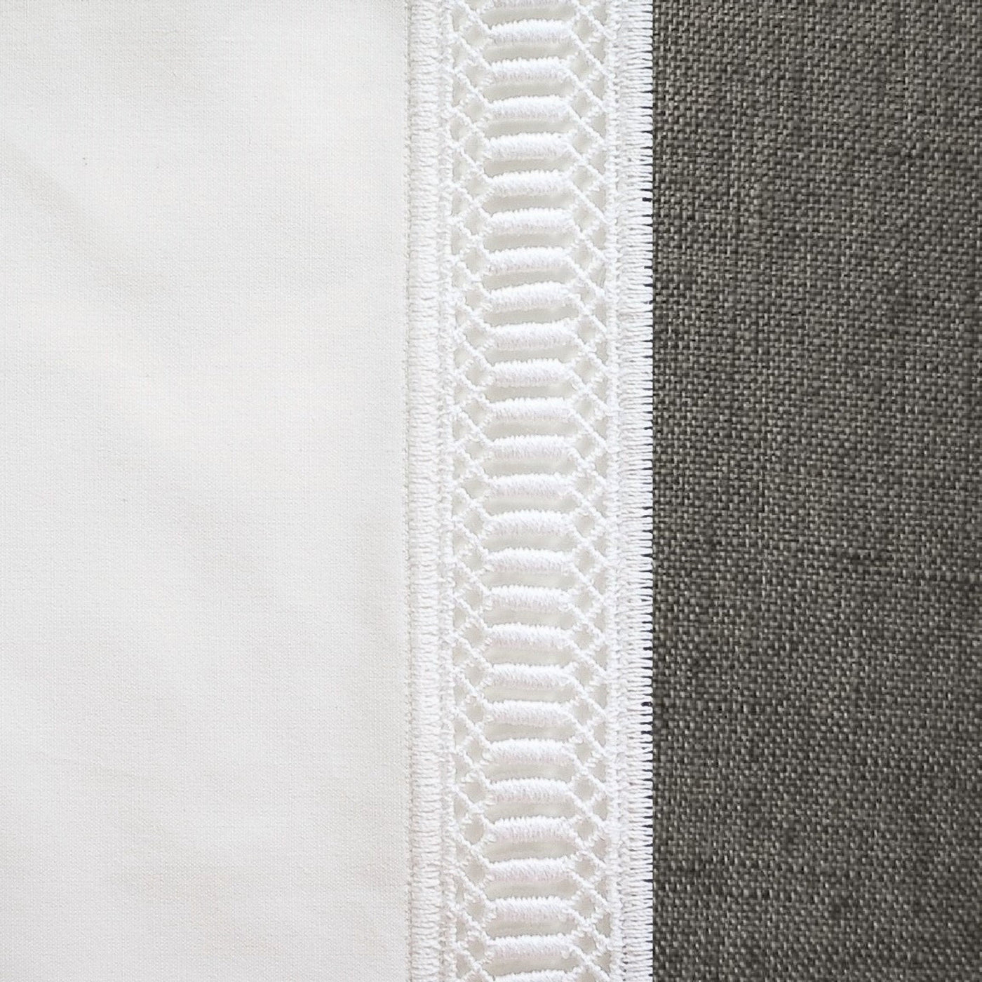 Close-up of white ladder-stitch trim bordering ivory and charcoal linen fabric panels.