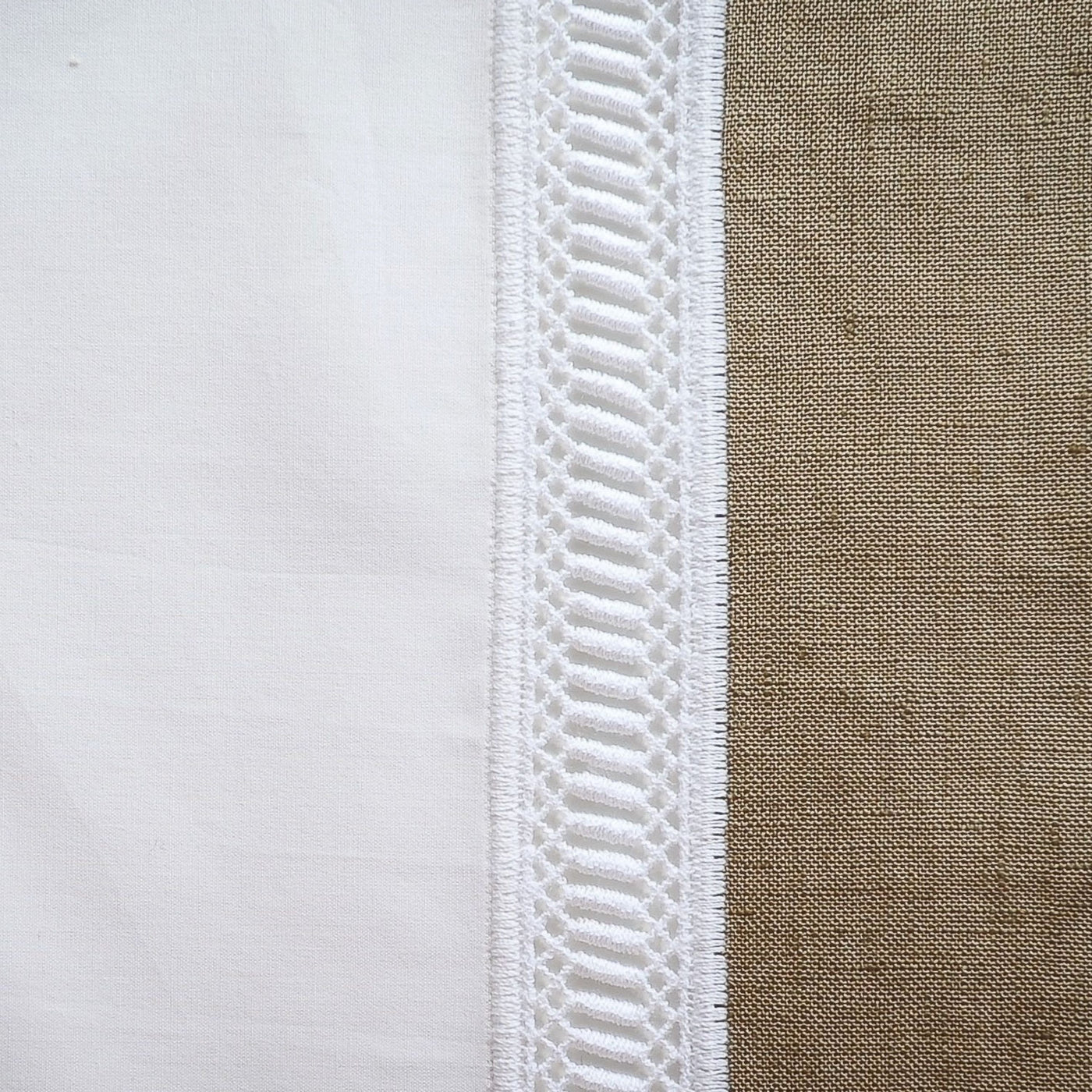 Close-up of white lace trim border on Home Treasures Linea placemat in ivory linen.