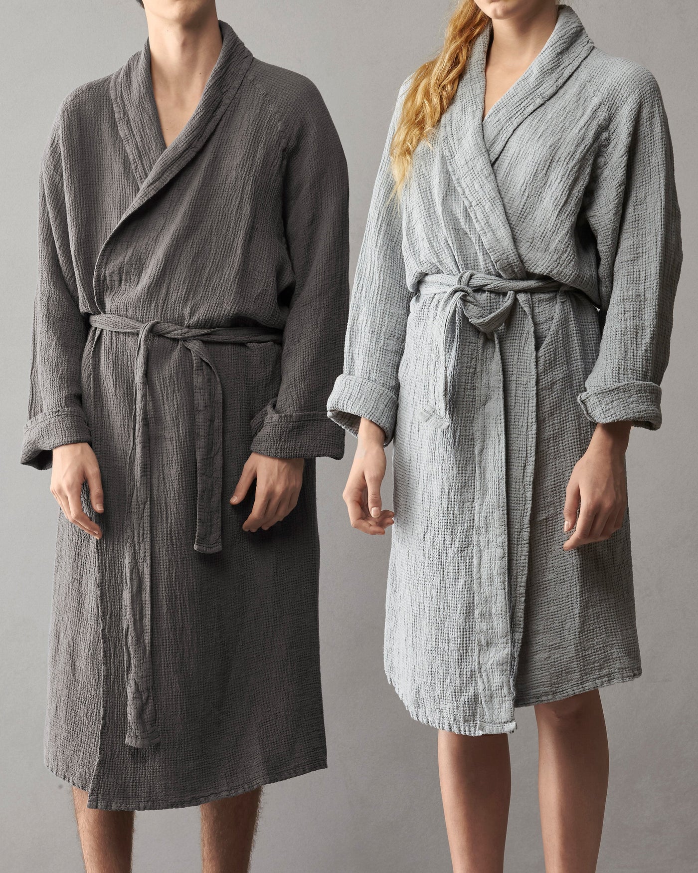 Society Limonta Lipe New robes in slate and mist, worn by male and female models side by side.