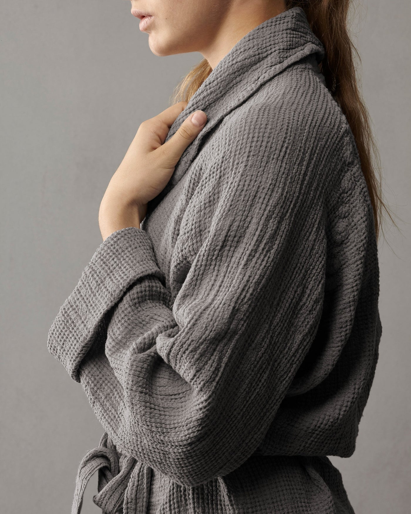 Close-up of Society Limonta Lipe New robe in slate, showing textured cotton weave and shawl collar.