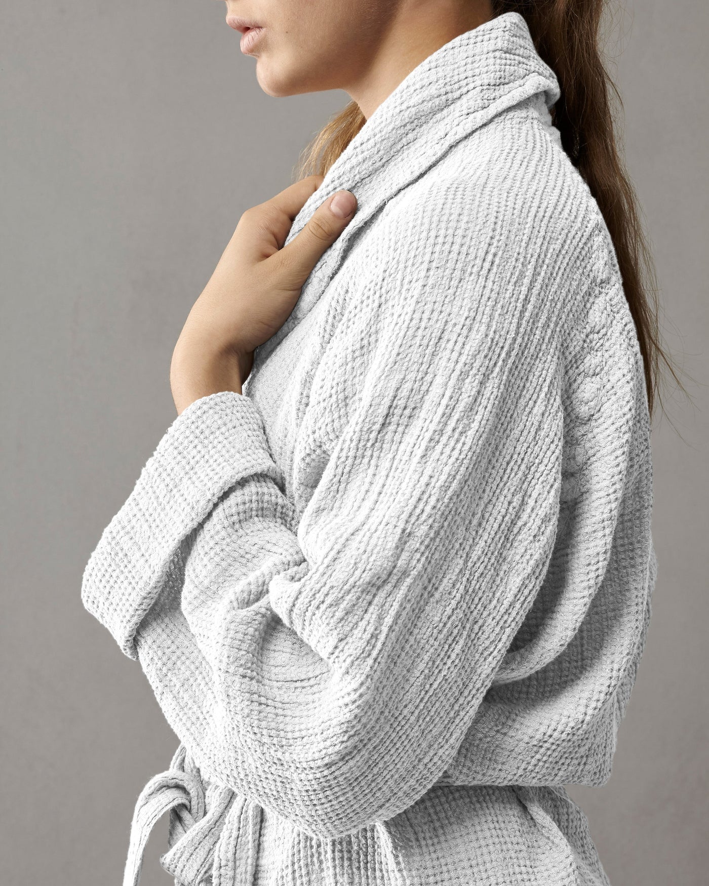 Society Limonta Lipe New robe in white waffle-knit cotton with shawl collar and tie belt.