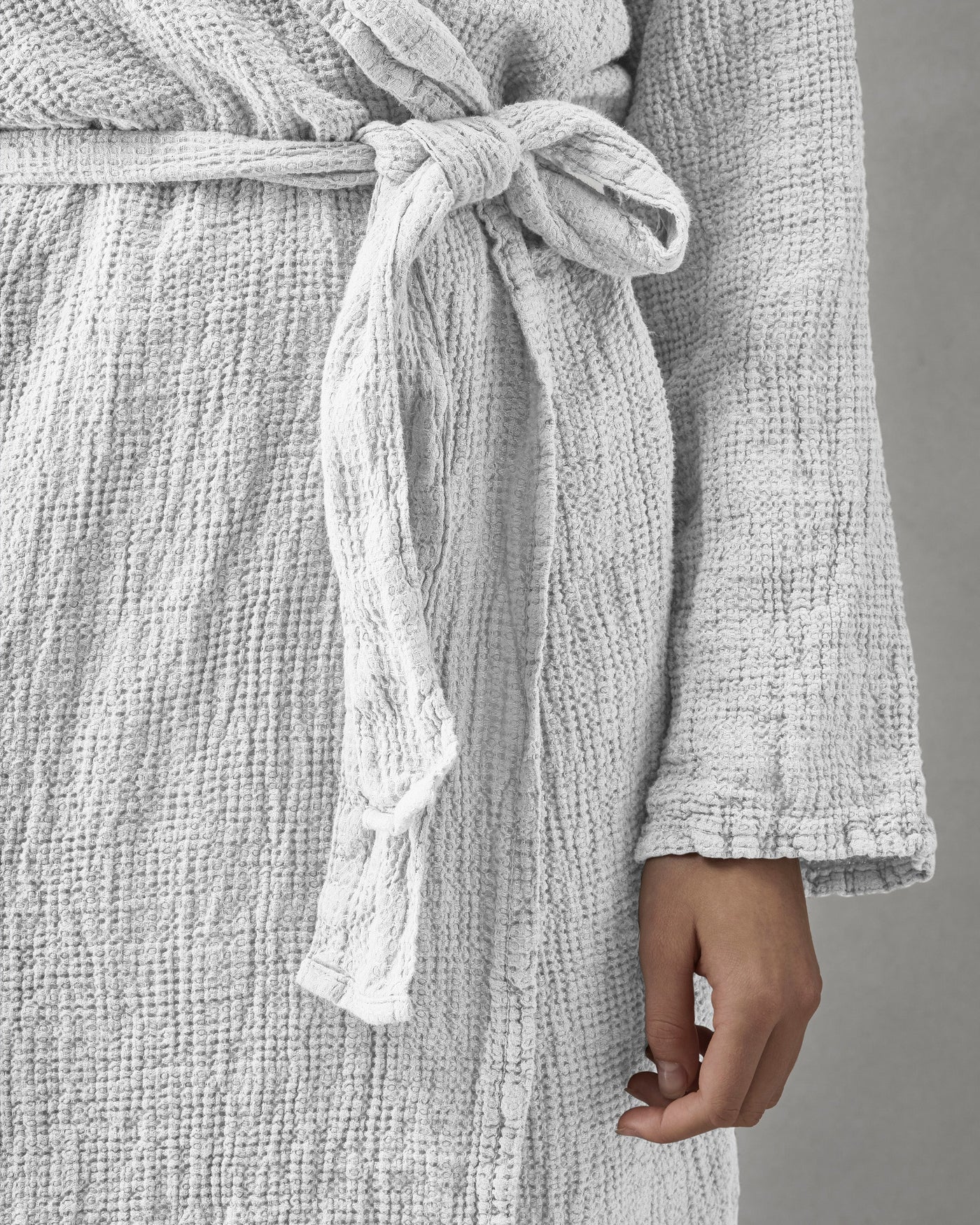 Close-up of Society Limonta Lipe New robe belt tied at waist, silver-grey waffle texture.