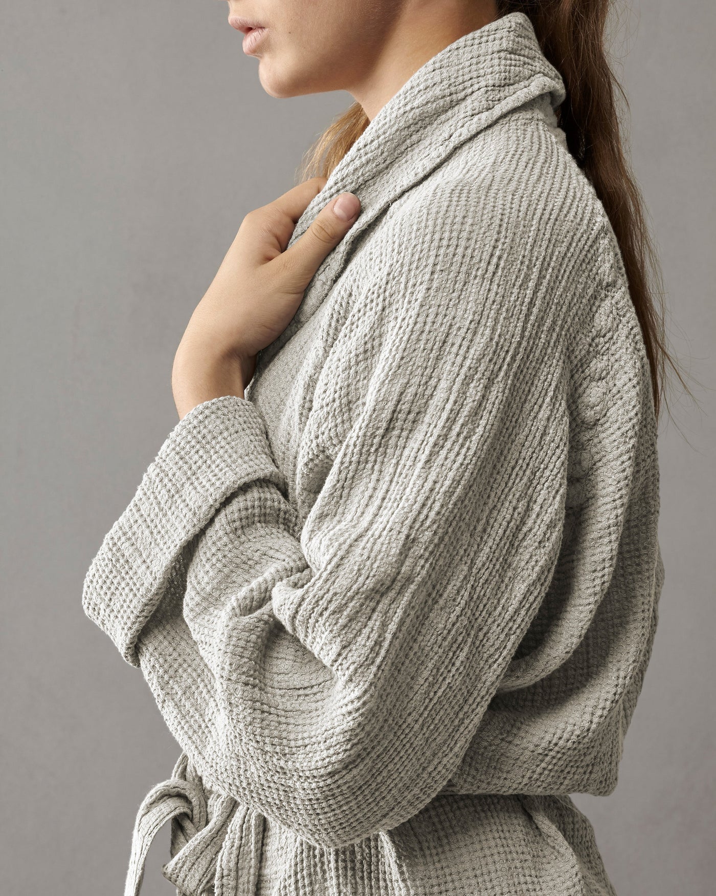 Close-up of Society Limonta Lipe New robe in sage, showing textured waffle weave and shawl collar.