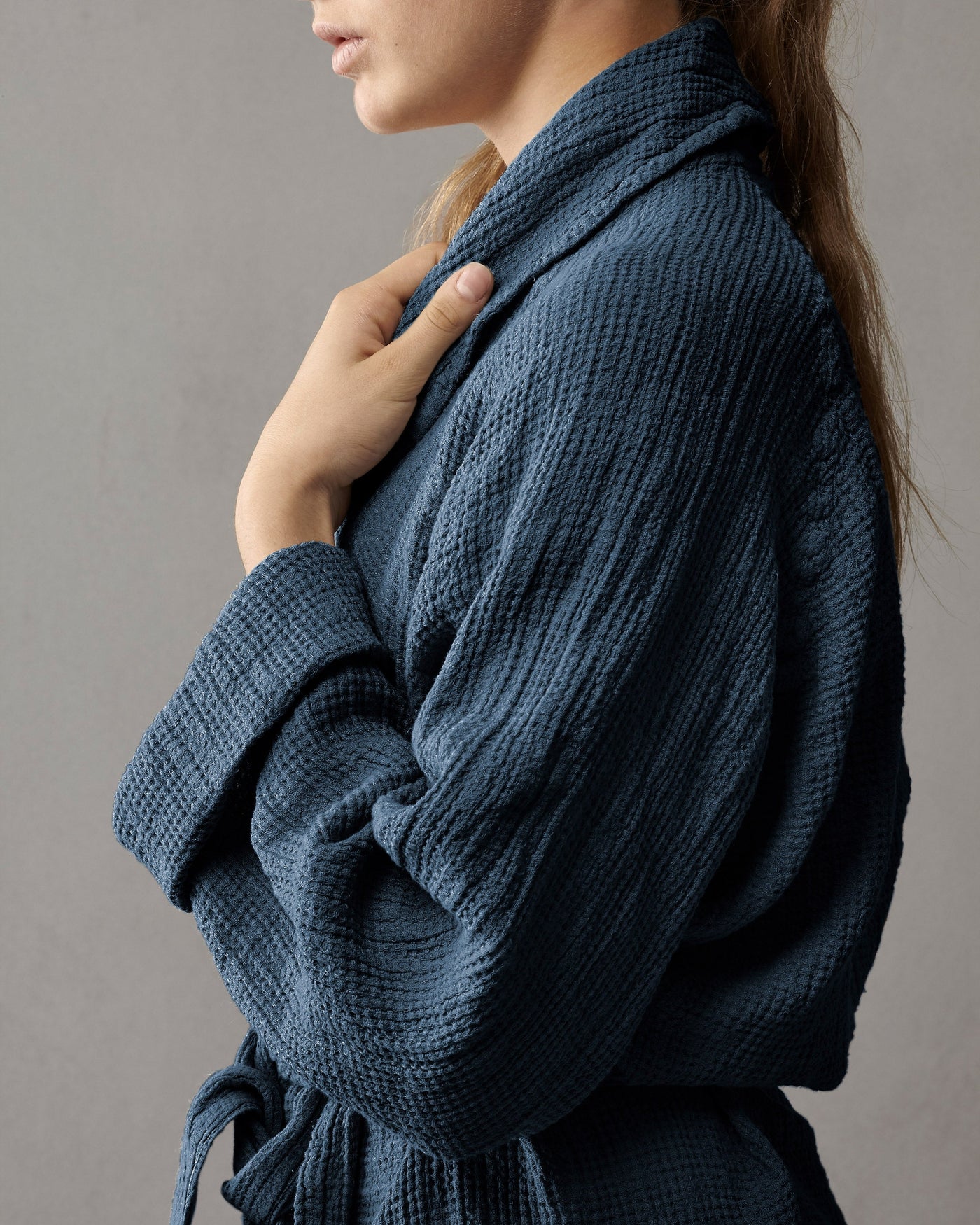 Close-up of Society Limonta Lipe New robe collar and sleeve in slate blue waffle-weave cotton.