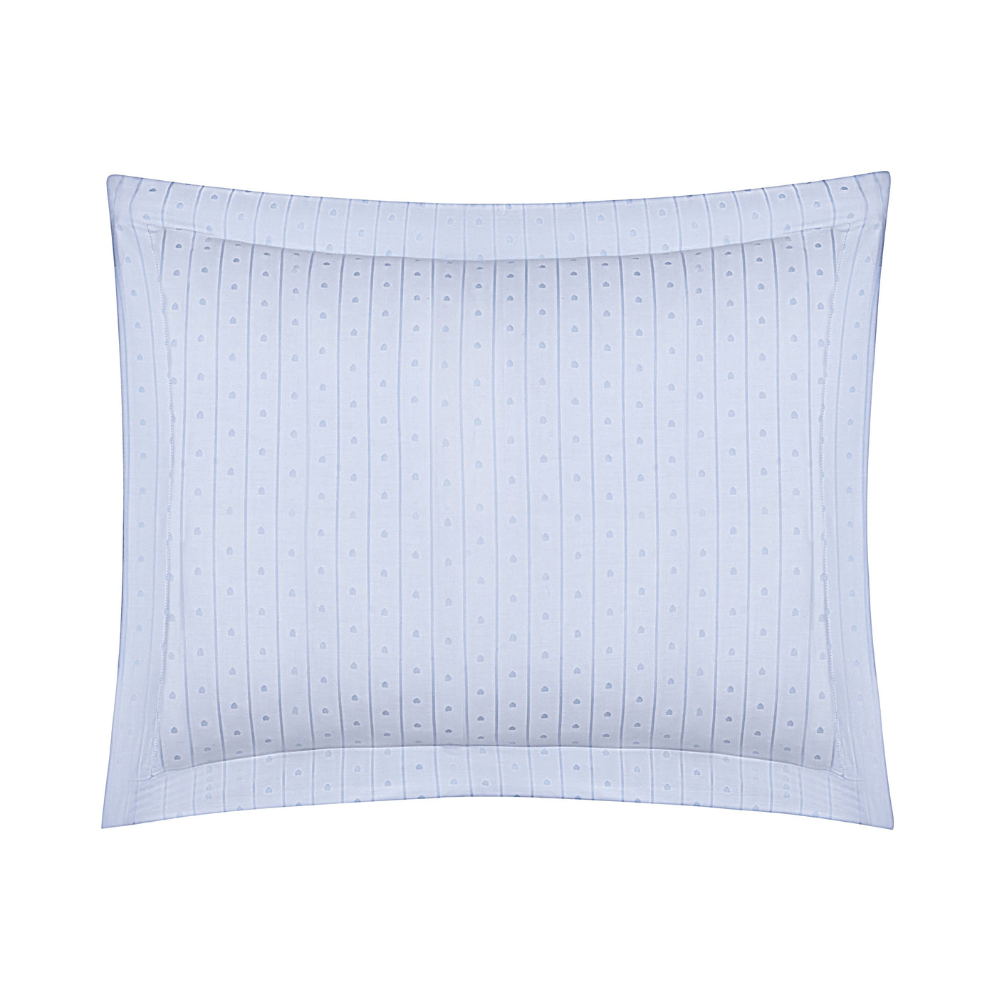 Home Treasures Little Hearts sham in sky blue with dotted stripe pattern.