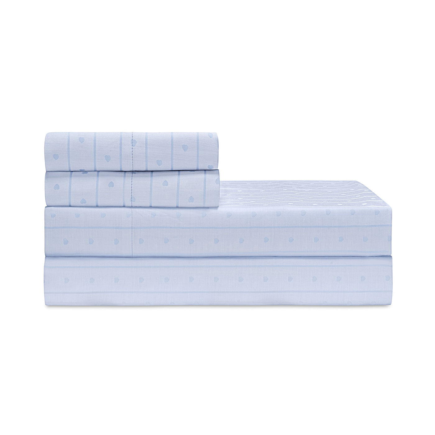Home Treasures Little Hearts sheet set in powder blue with tone-on-tone heart pattern, neatly folded.