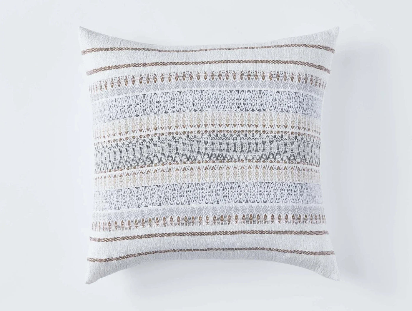 Coyuchi Lost Coast decorative pillow in ivory with blue and taupe woven stripe pattern.