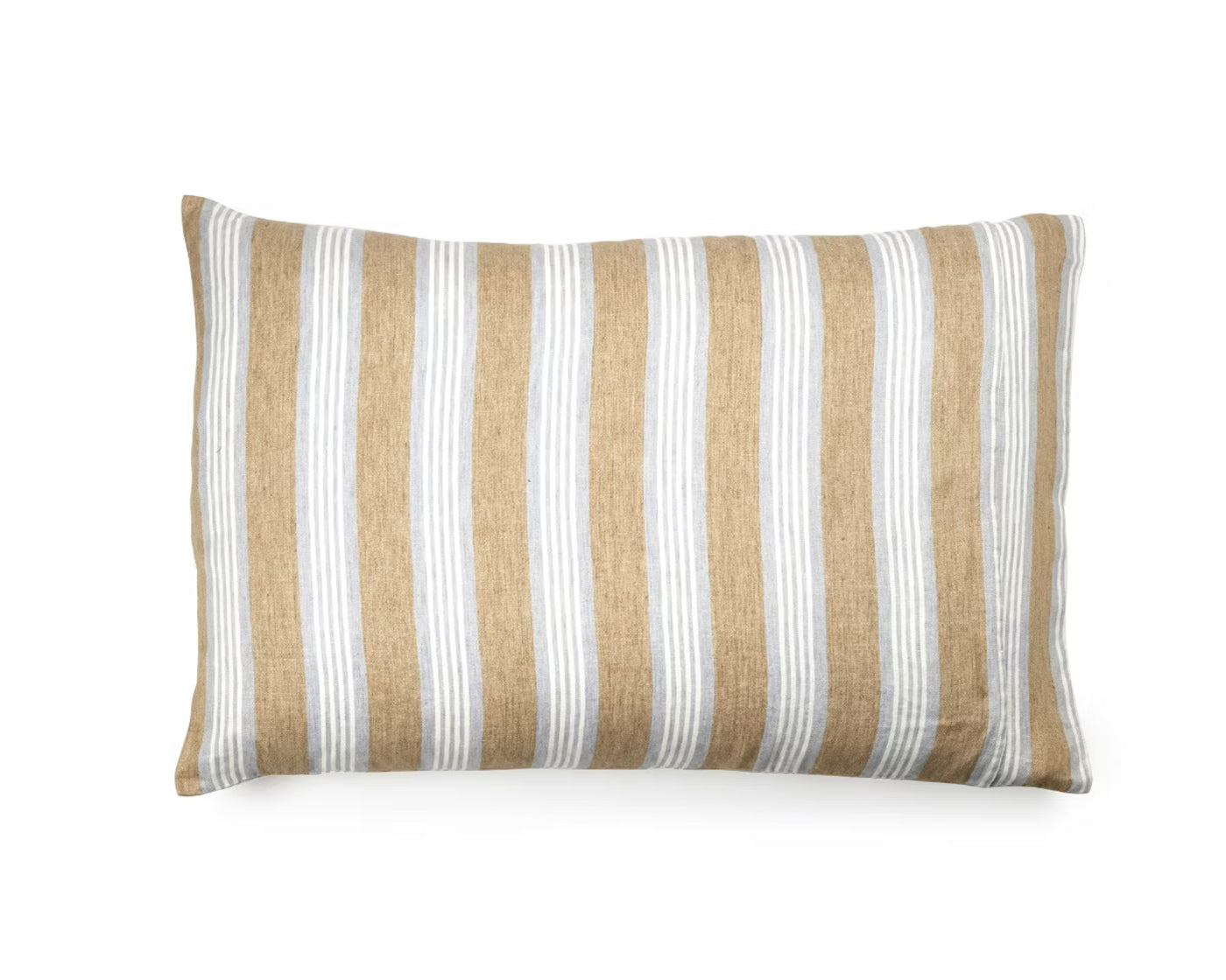 Libeco Maora linen pillow sham in sand and white vertical stripes.