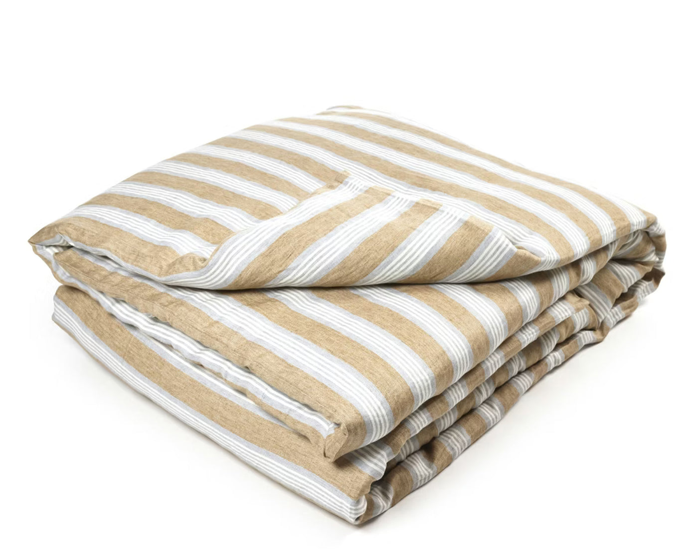 Libeco Maora duvet cover folded in champagne and white linen stripes.