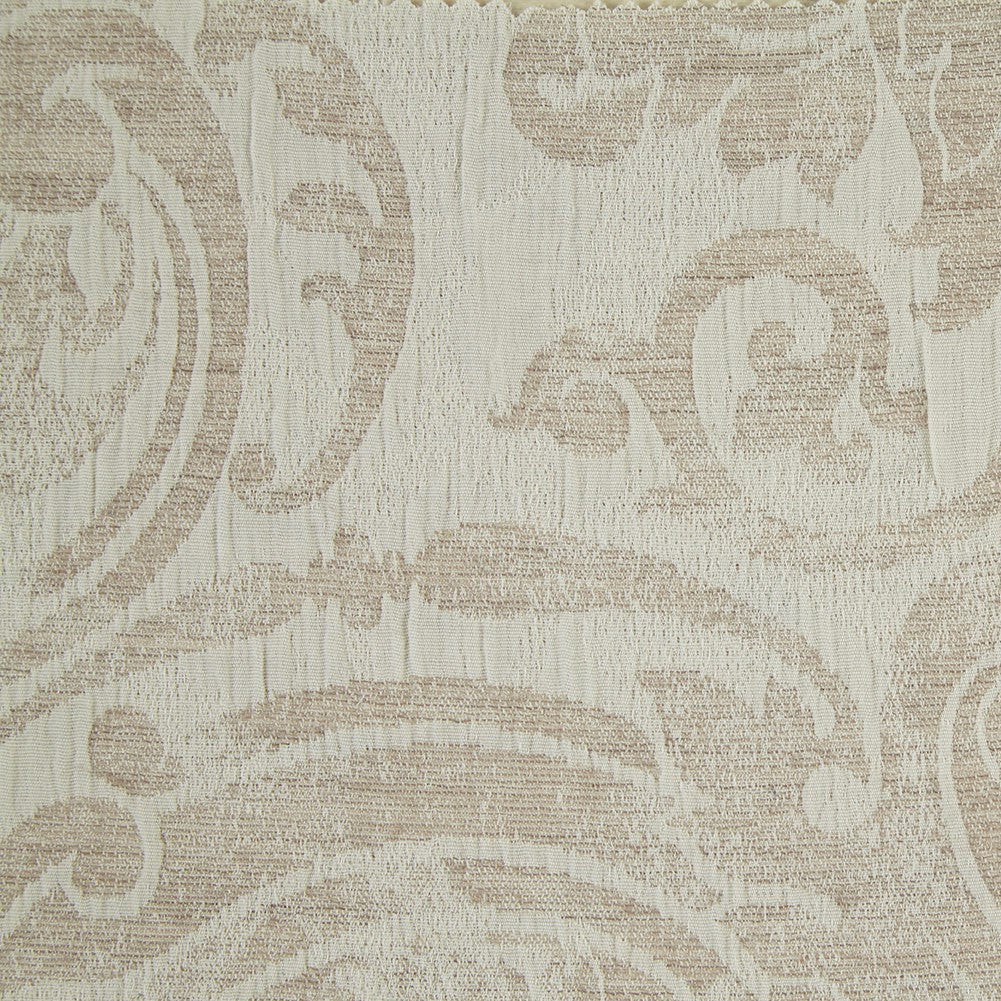 Close-up of ivory damask weave with champagne scrollwork pattern on Medici sham.
