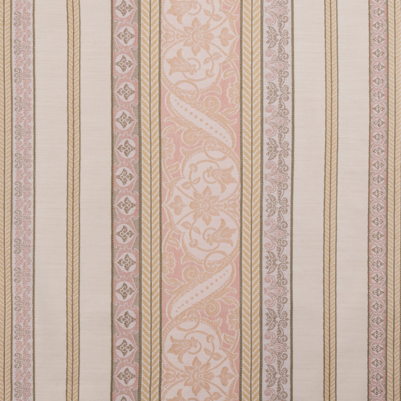 Close-up of Monaco woven jacquard stripe in blush, gold, and taupe.