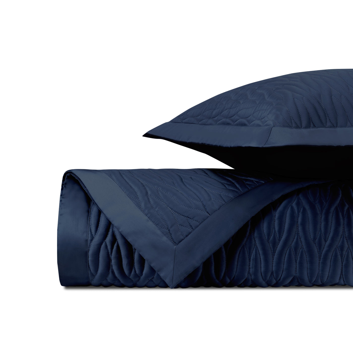 Navy quilted texture close-up showing wave stitch pattern and knife-edge border detail.