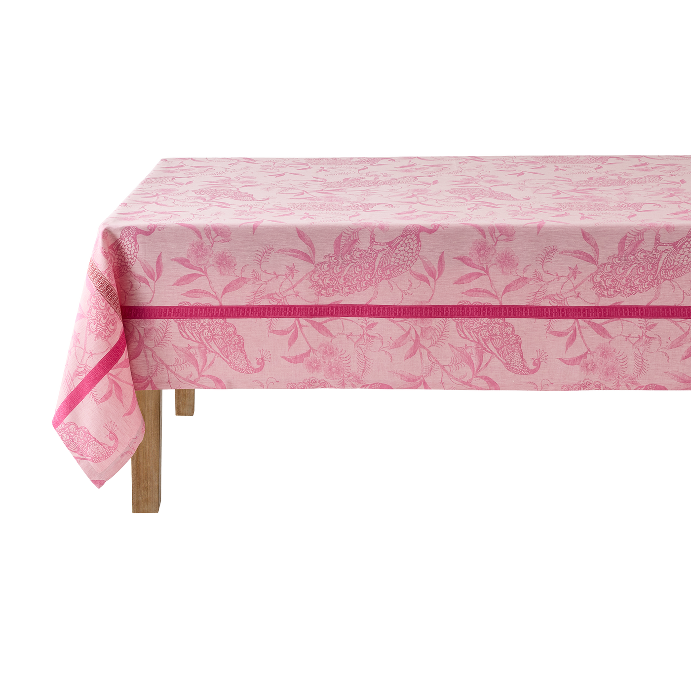 Le Jacquard Français À L'Orangerie tablecloth in rose jacquard with floral bird pattern.